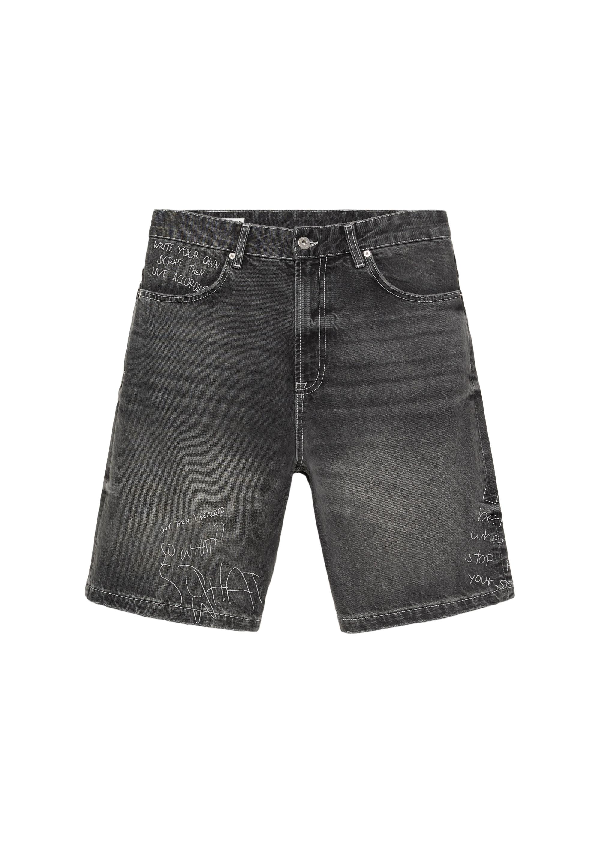 Embroidered baggy denim Bermuda shorts — Faded black