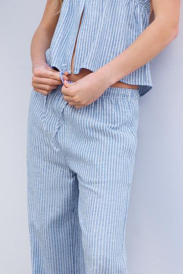 Striped pyjama-style trousers with linen — Blue 4