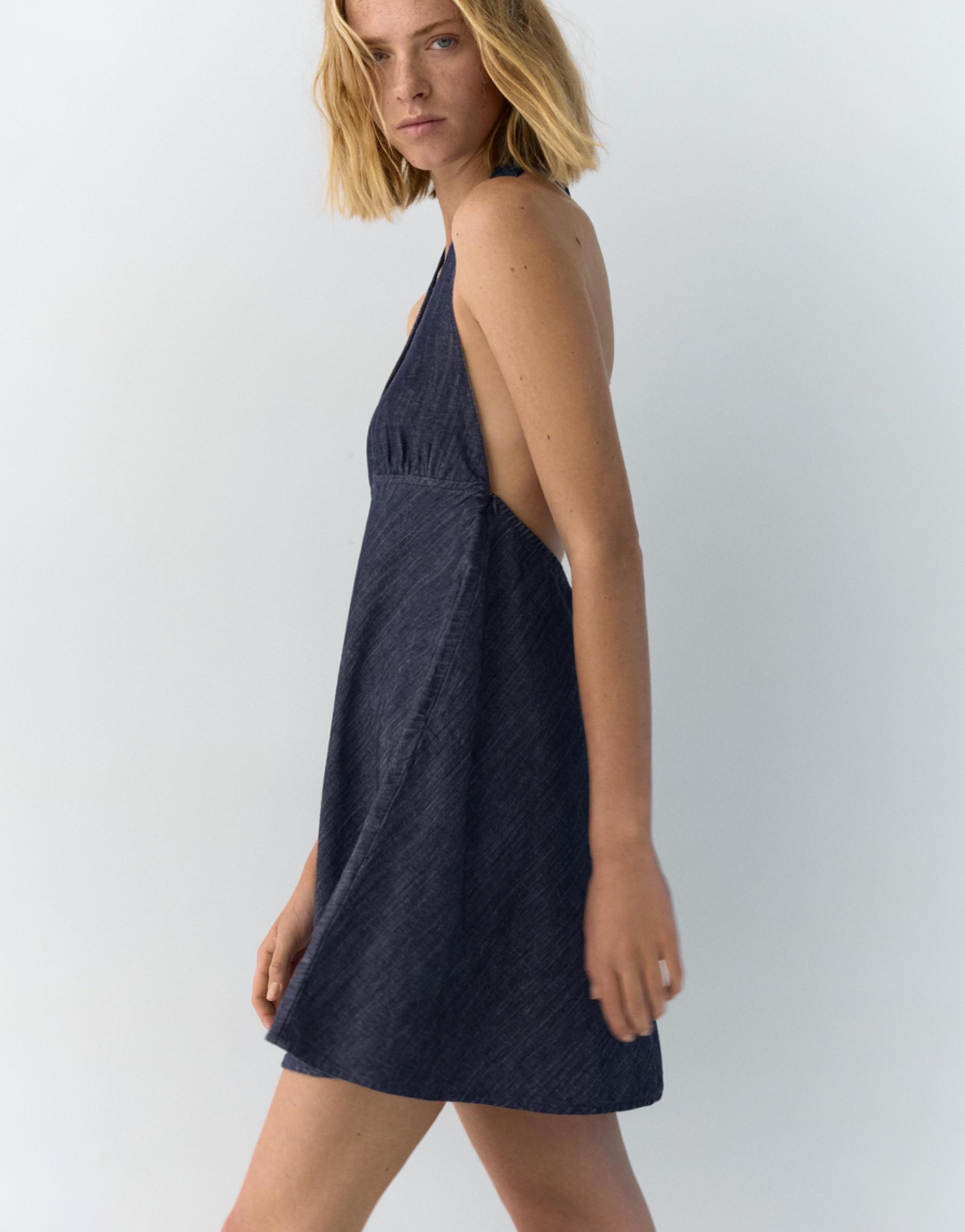 Short denim halter dress — Dark blue