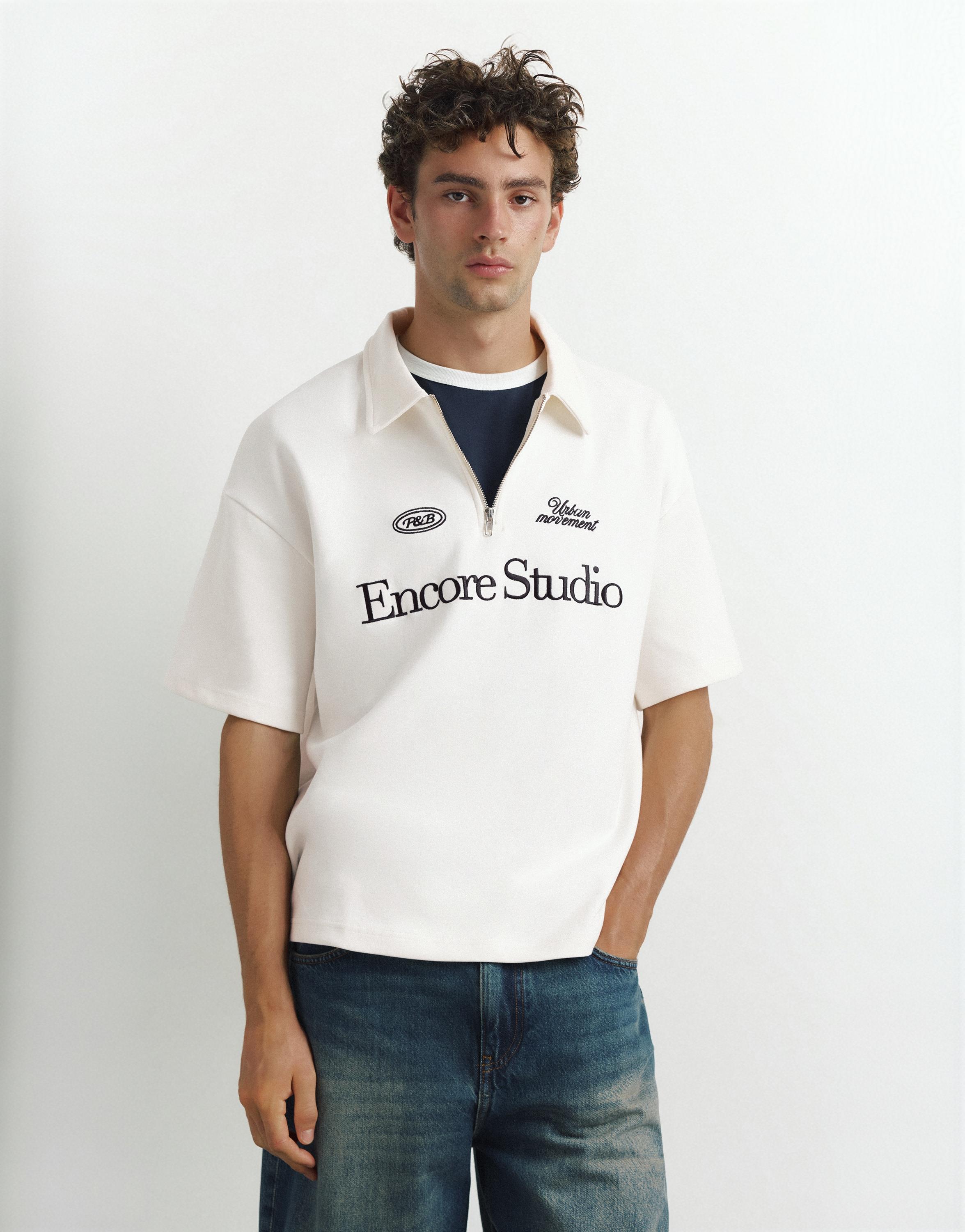 Graphic zip-up interlock polo shirt — Off white