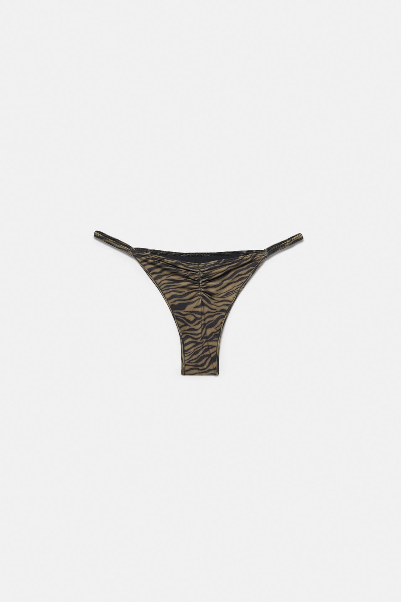 Zebra print gathered bikini bottoms — Green