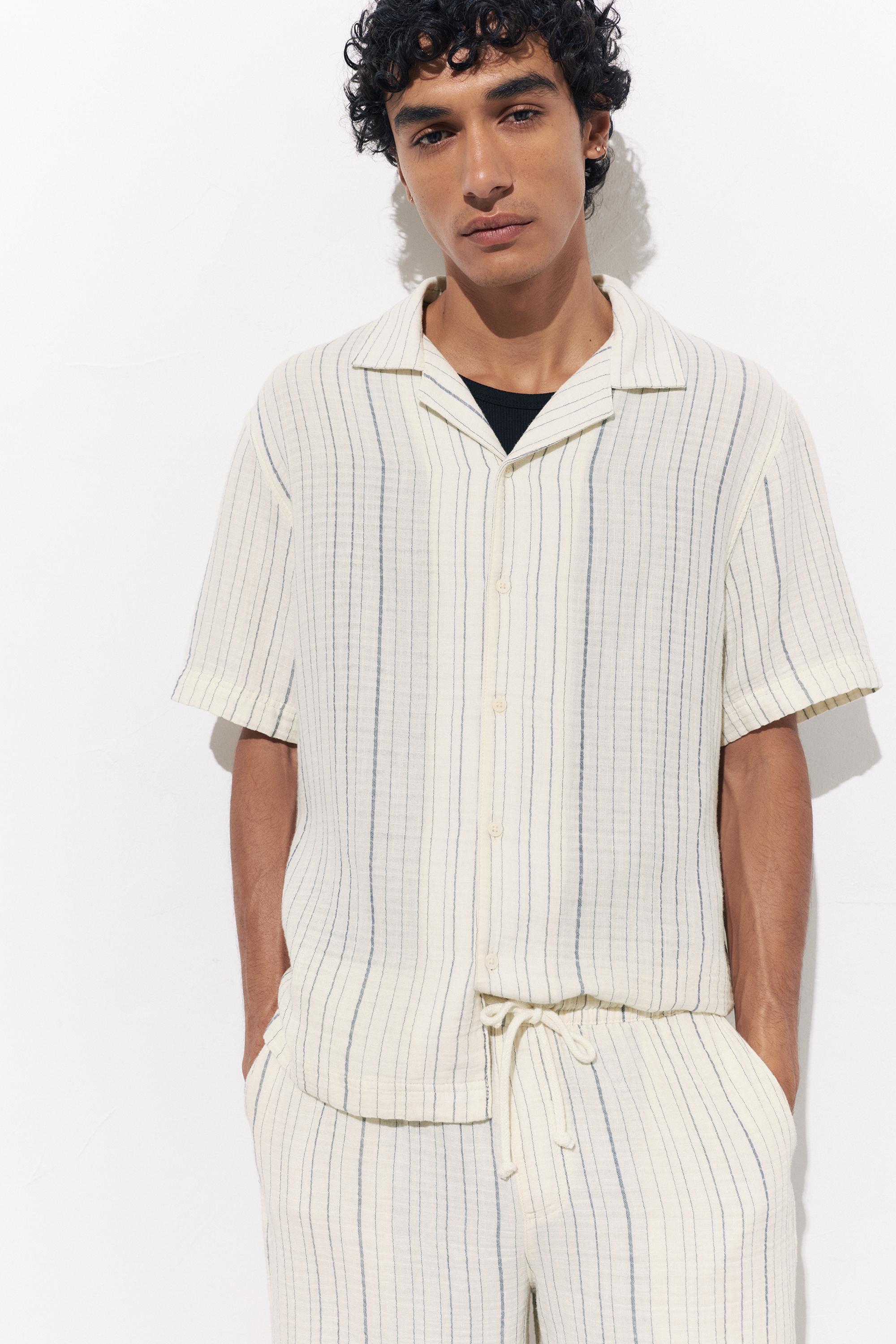 Short sleeve striped crepe shirt — White/Navy