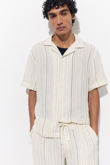 Short sleeve striped crepe shirt — White/Navy 5