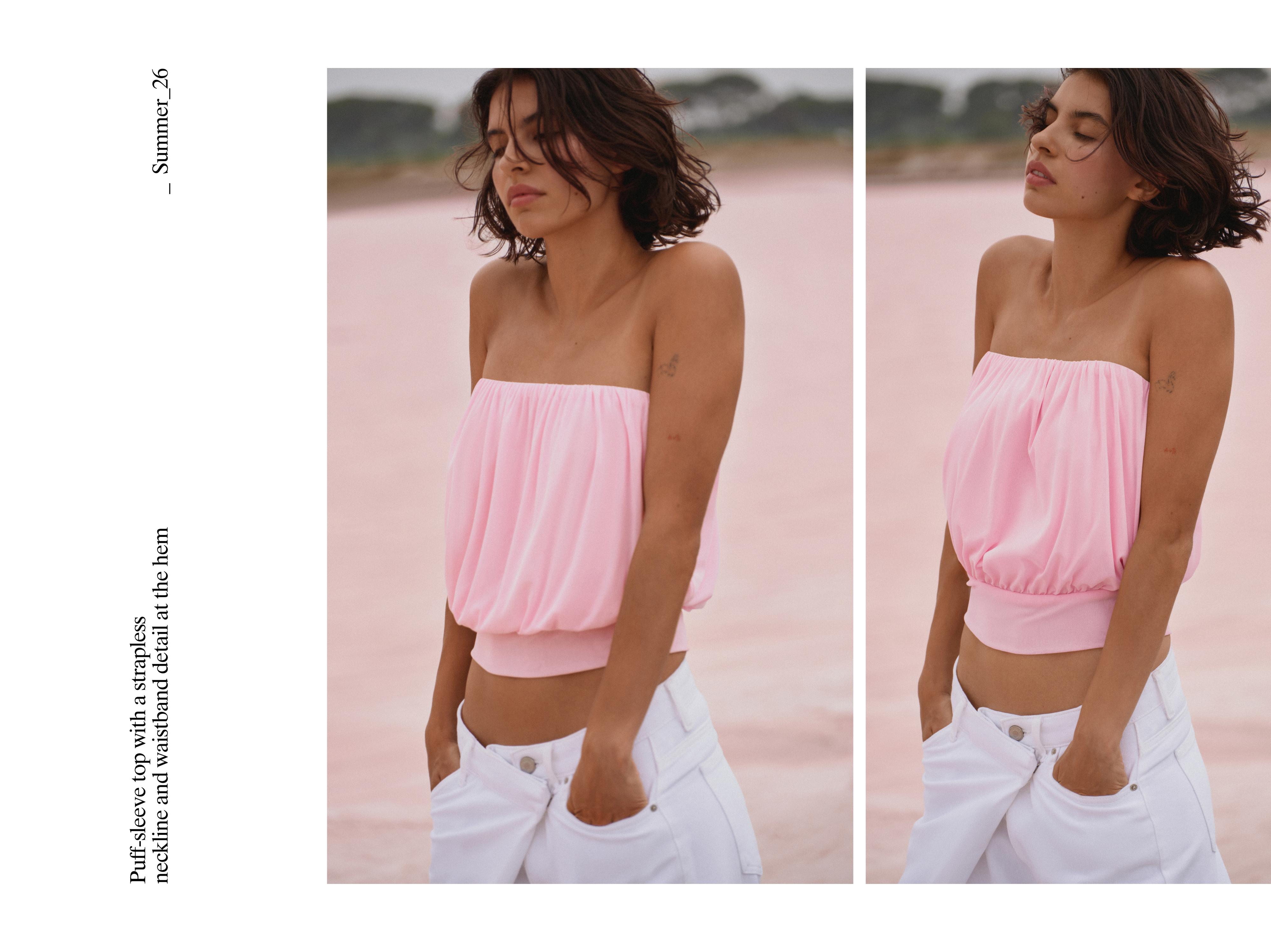 Strapless top with waistband — White/Pink