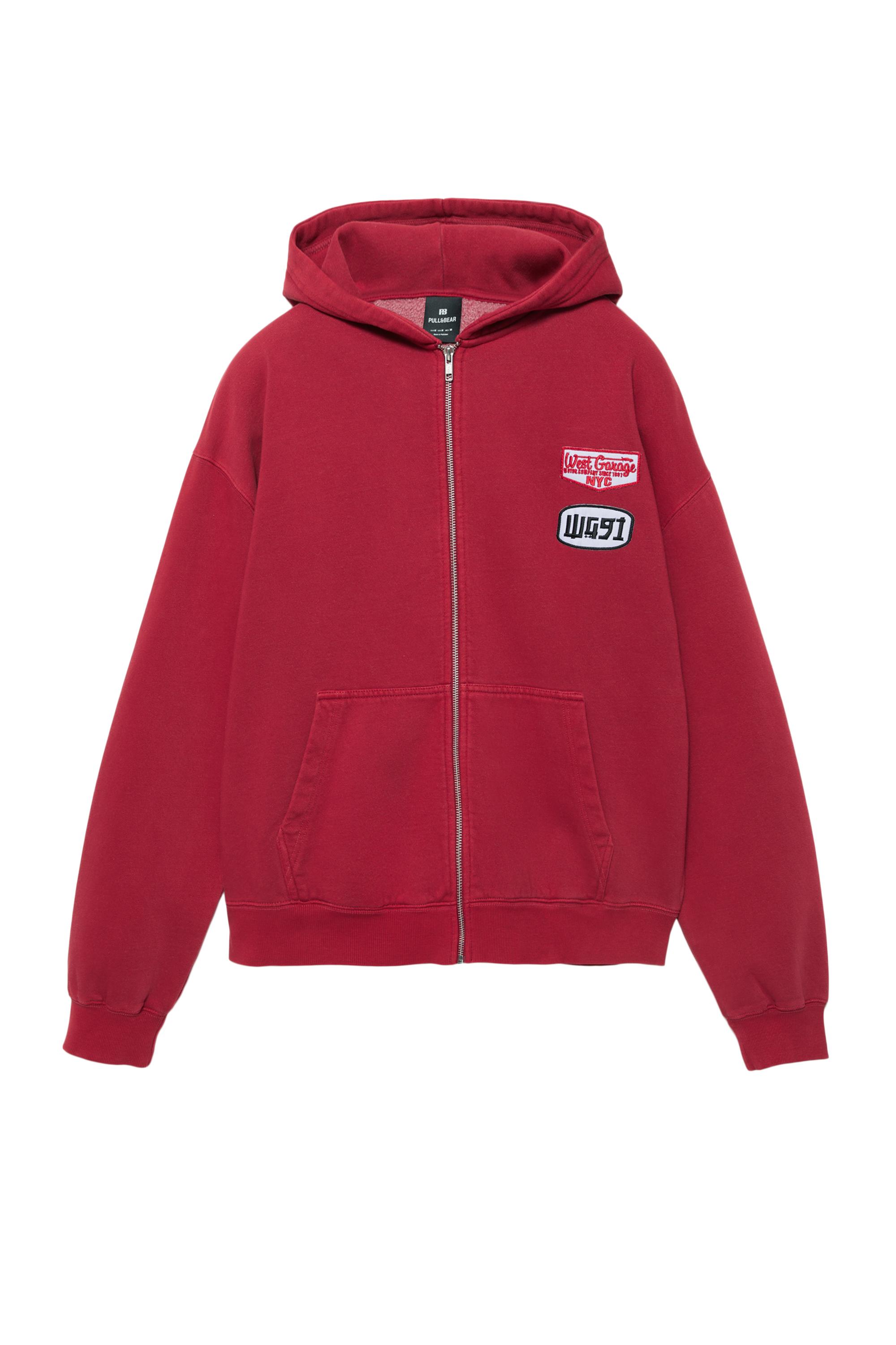 Fermuarlı yamalı kapüşonlu sweatshirt