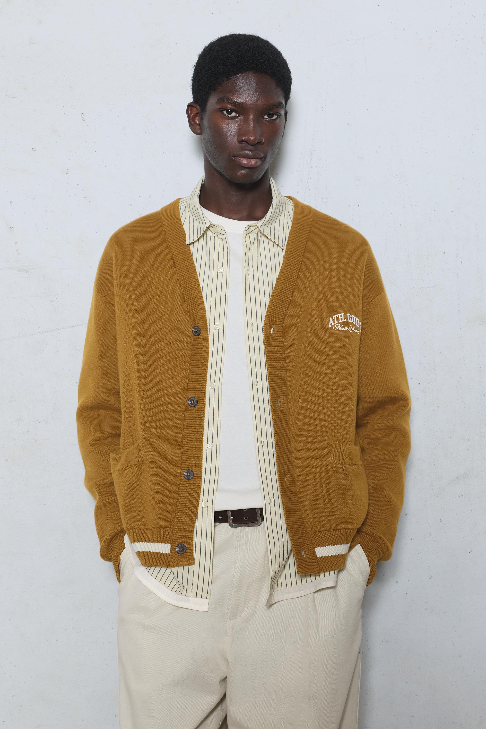 Embroidered varsity cardigan — Tobacco brown