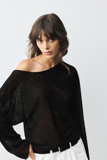 Fine knit asymmetric T-shirt — Black 1