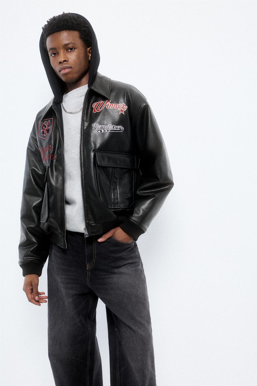 Leather effect jacket with combined hood