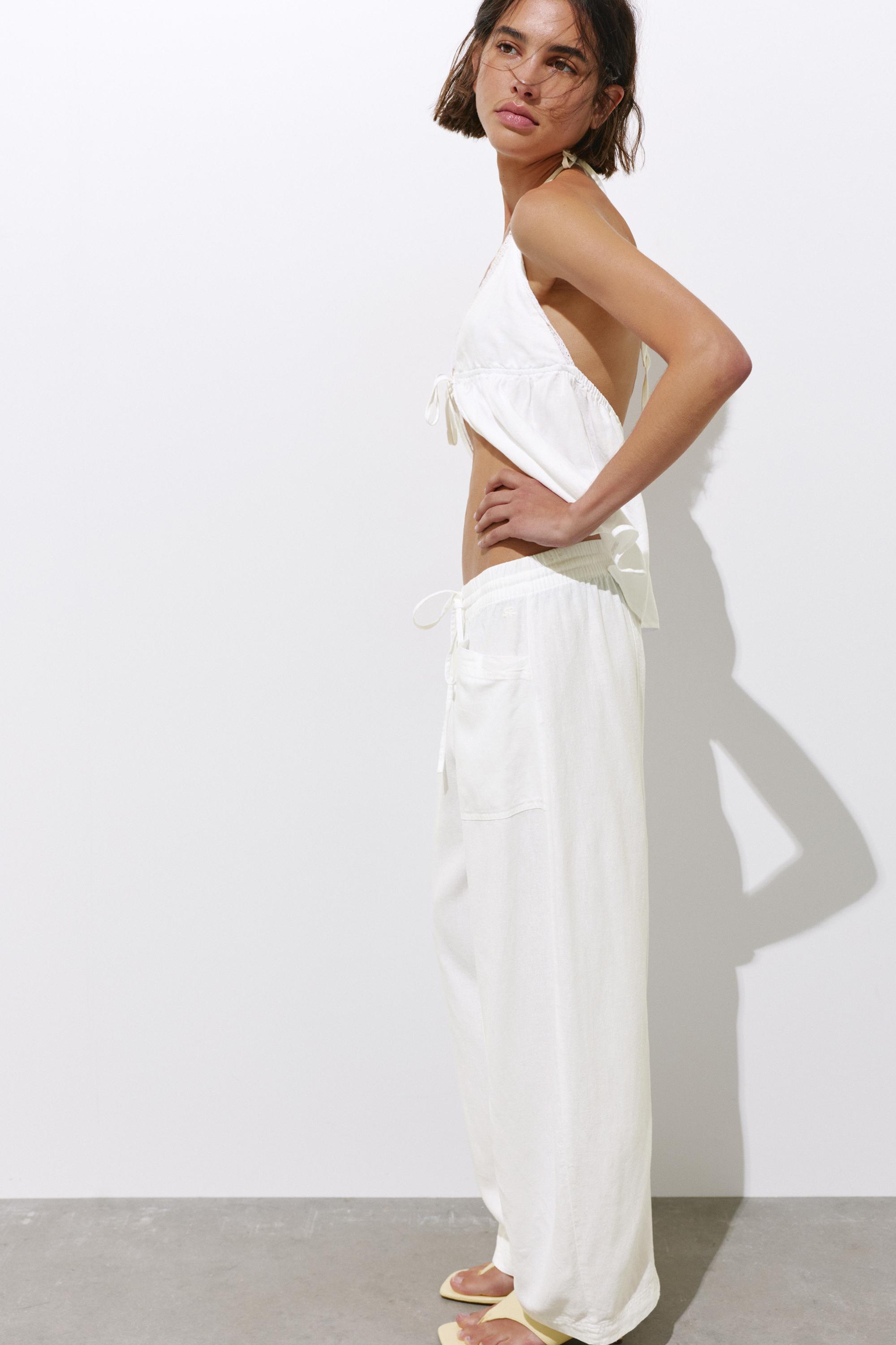 Linen blend barrel trousers — White