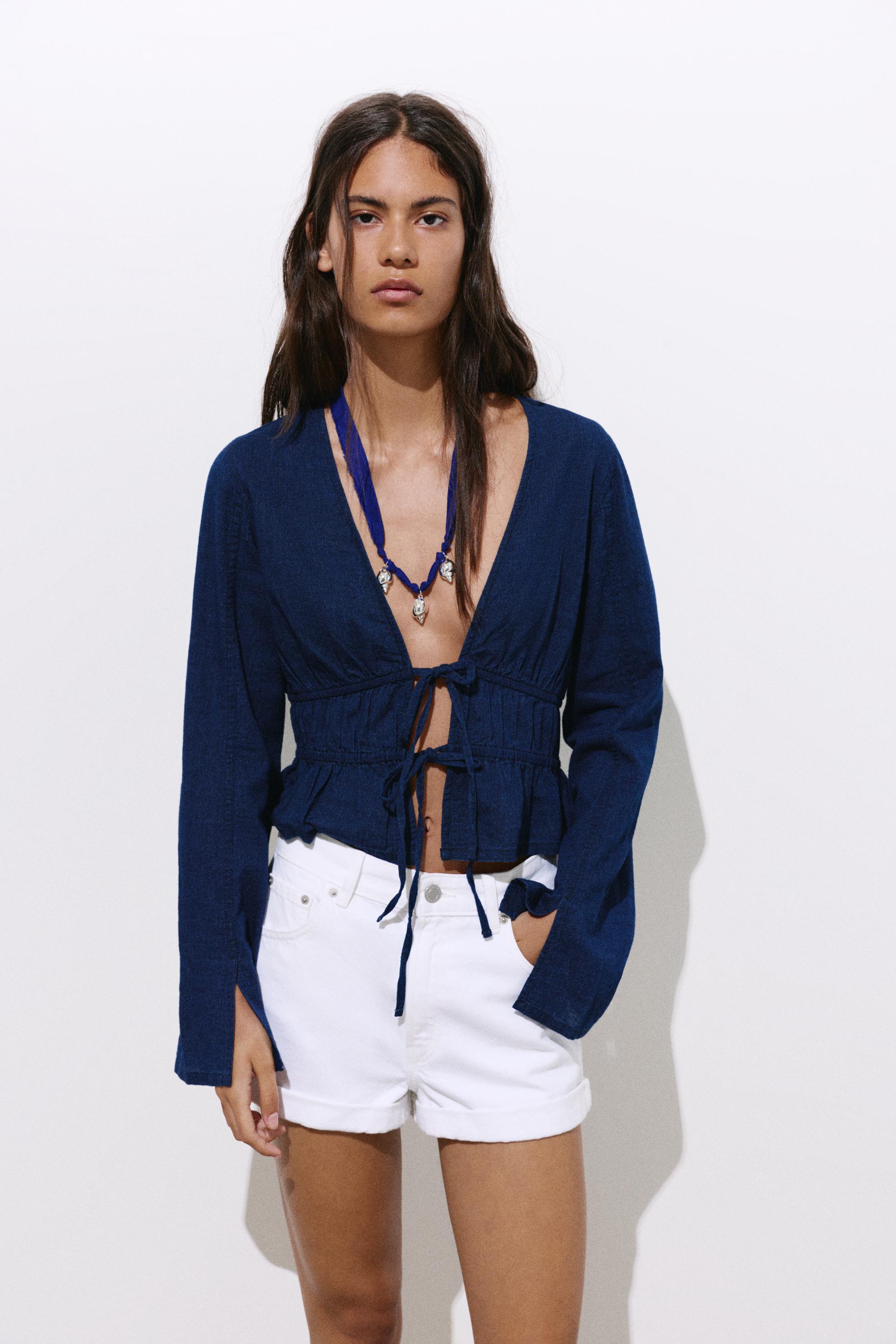 Denim blouse with ties — Dark blue