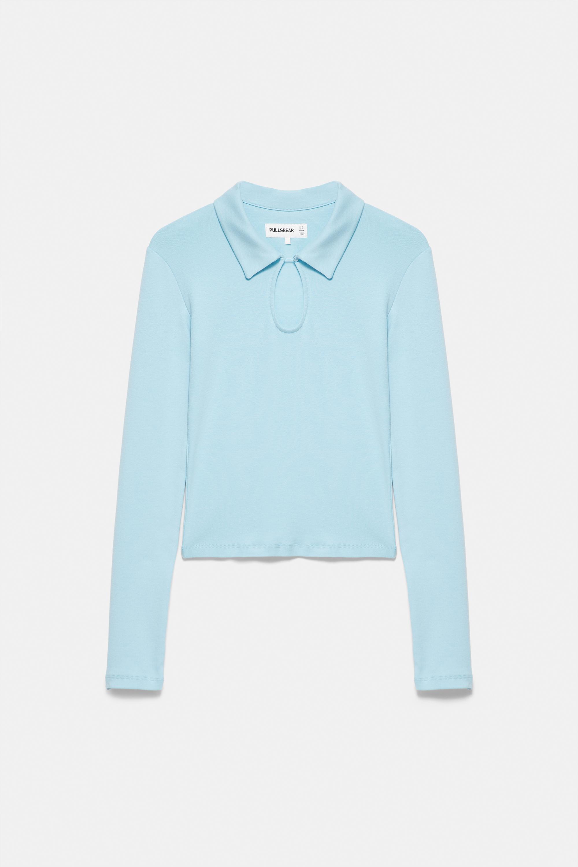 Pull&Bear Uzun kollu pencere detaylı polo t-shirt görsel 3