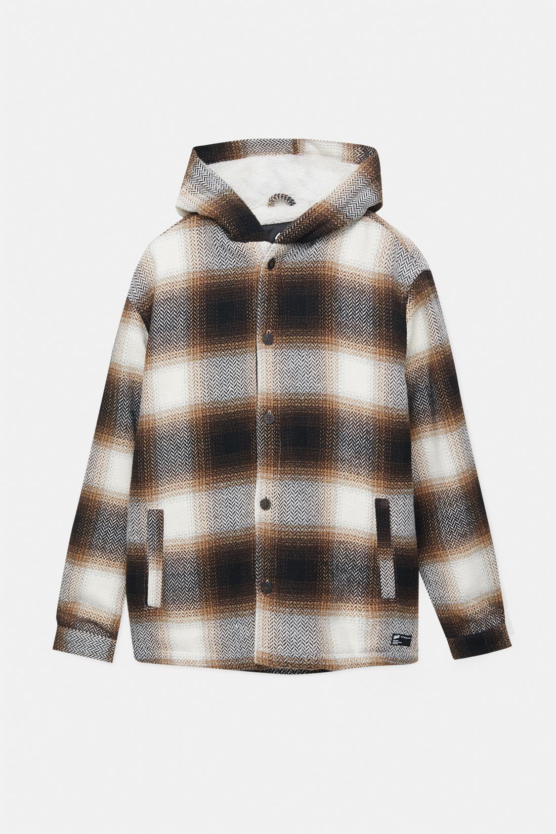 Faux shearling hooded check jacket - PULL&BEAR
