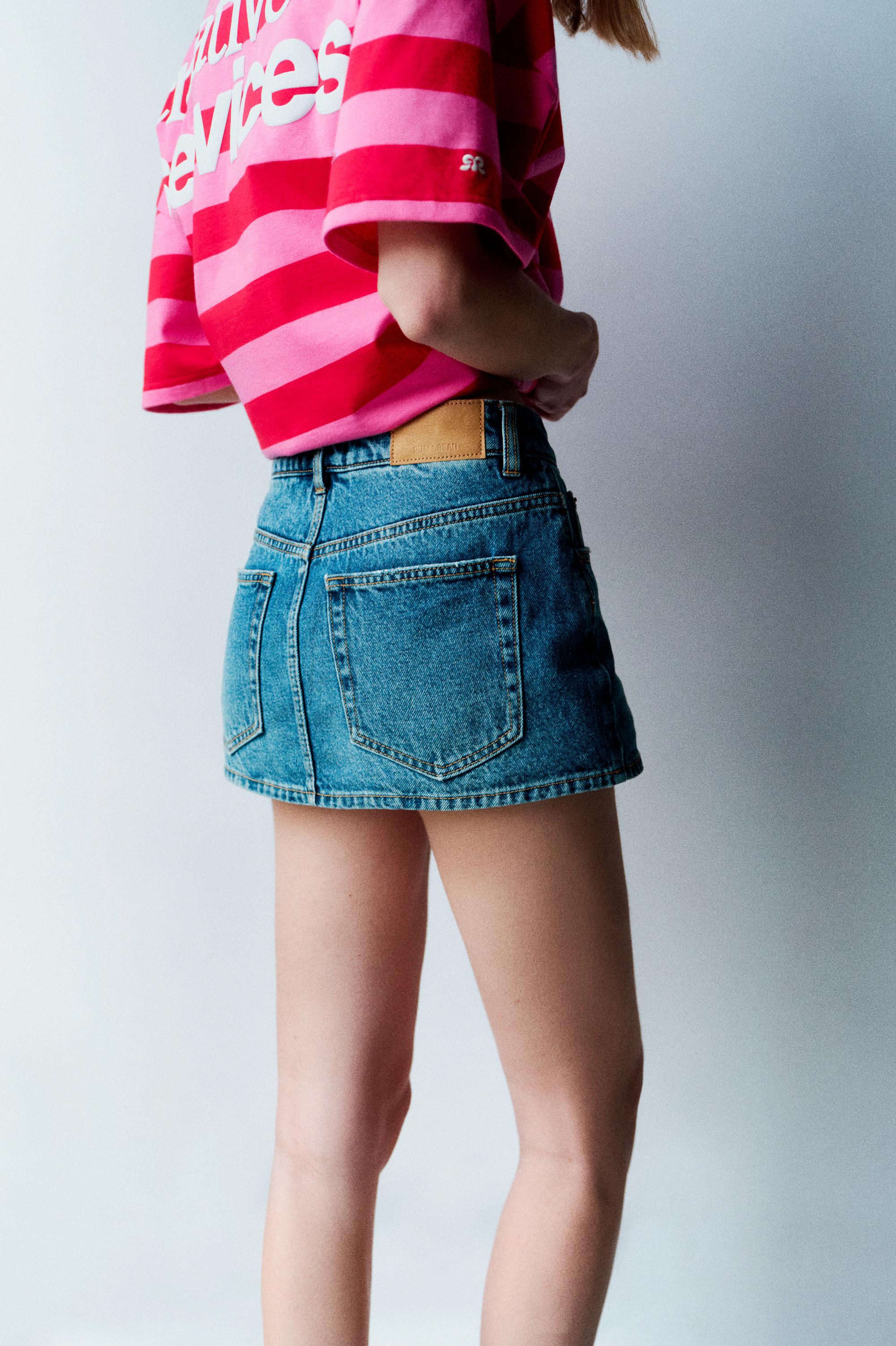 Cross-waist denim skort — Medium blue