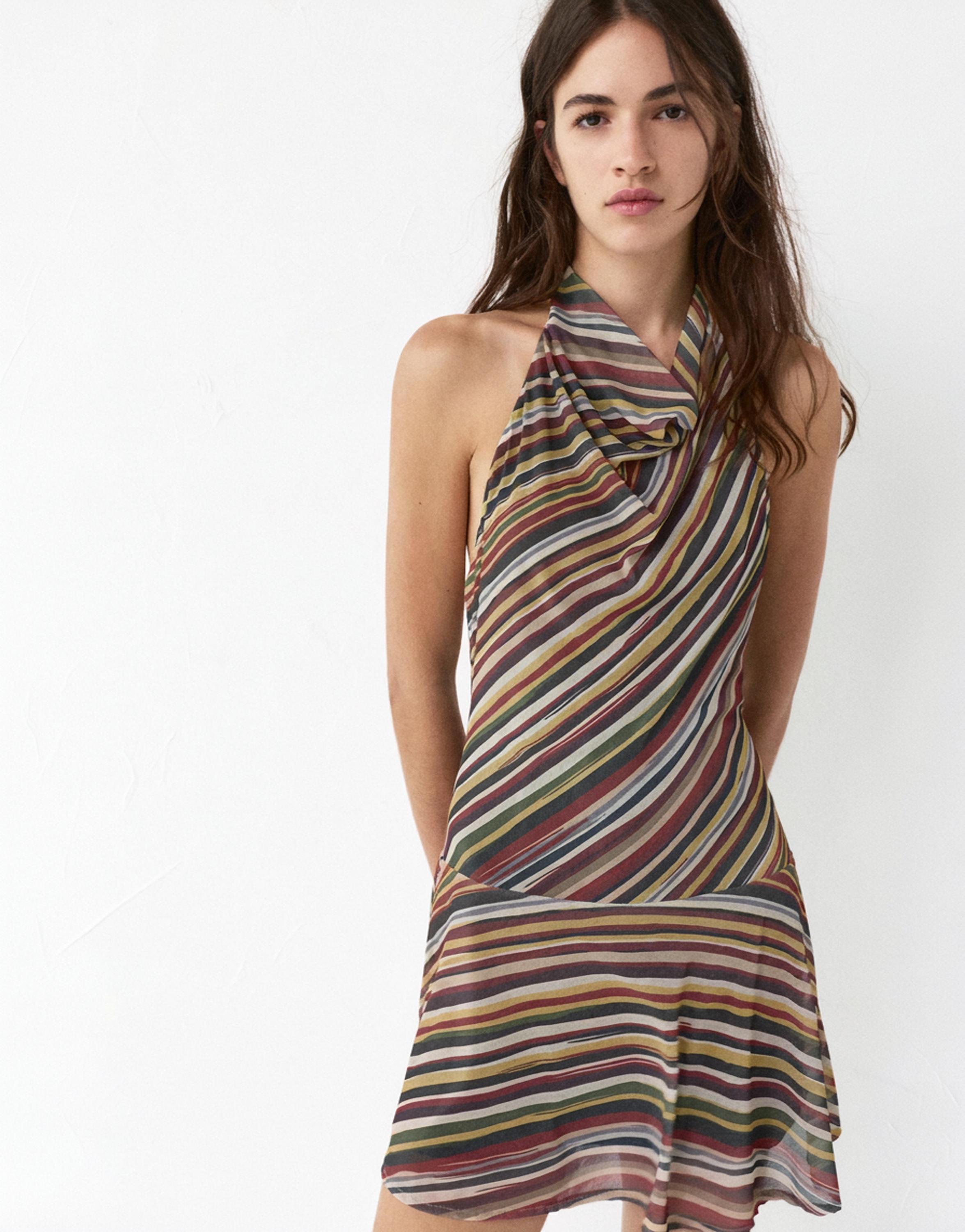 Halter yaka çizgili kısa elbise - Görsel 3