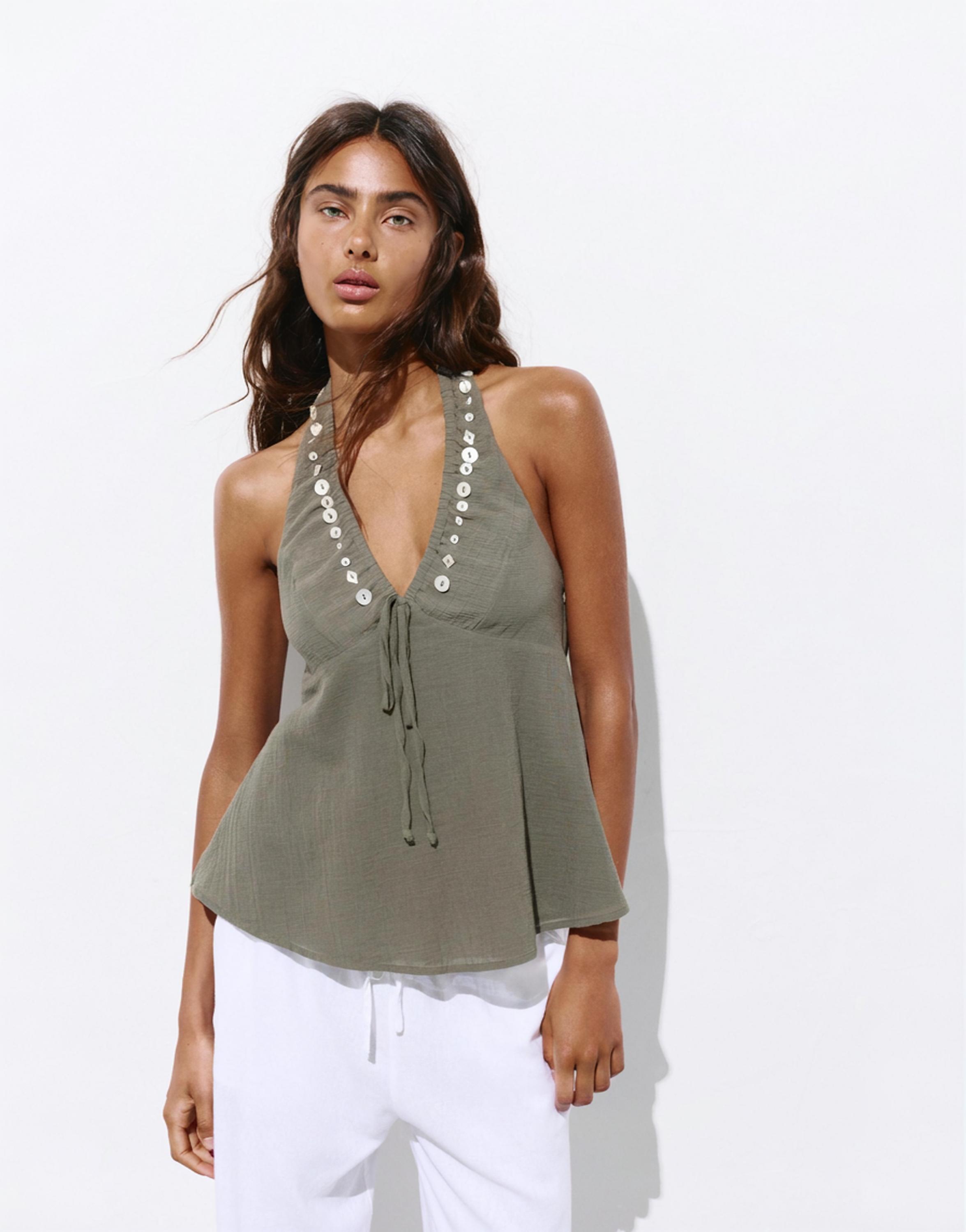 Halter neck top with buttons — Khaki