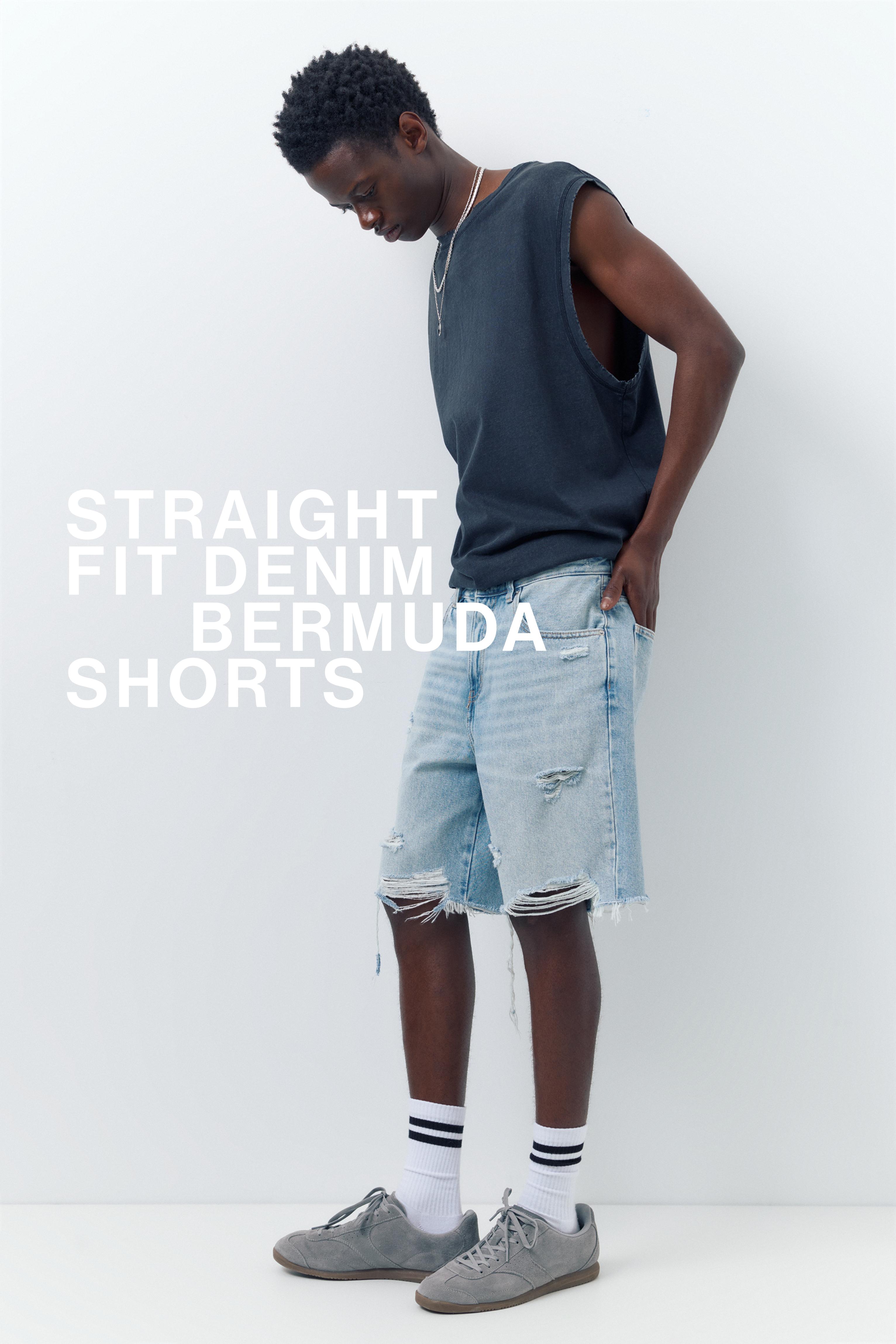 Straight-leg denim Bermuda shorts — Pale indigo