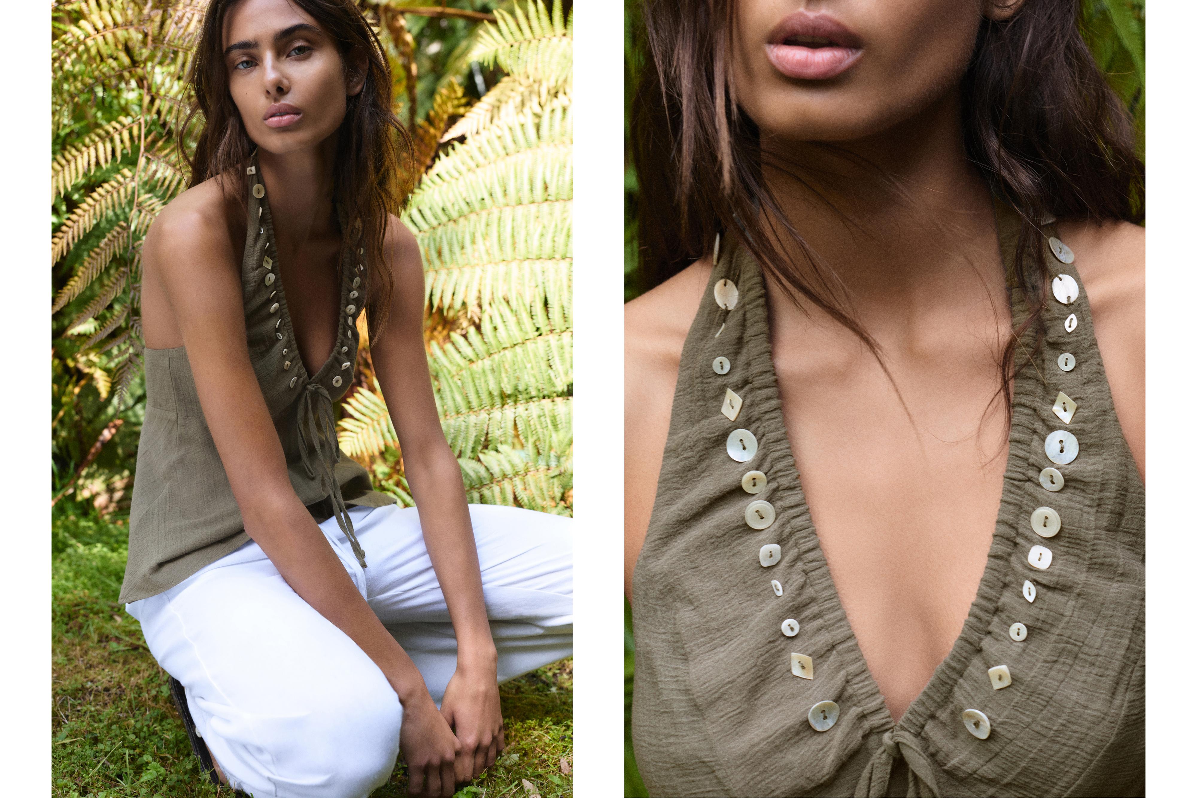 Halter neck top with buttons — Khaki