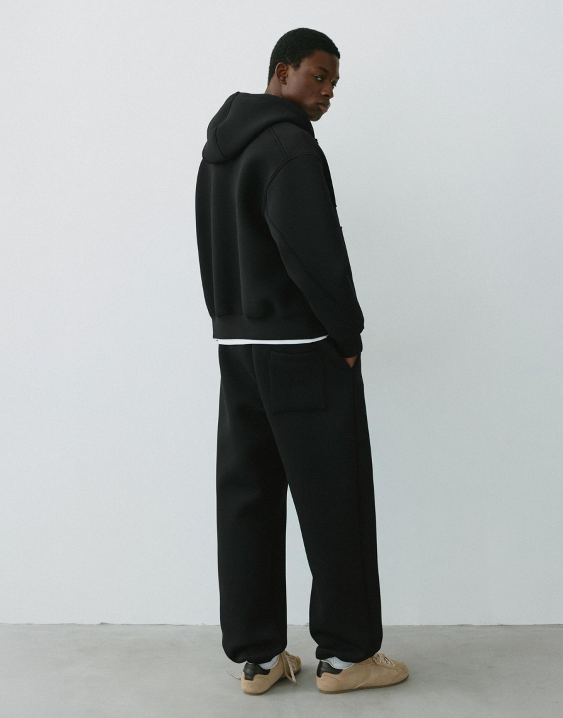 Neoprene-effect zip-up hoodie — Black
