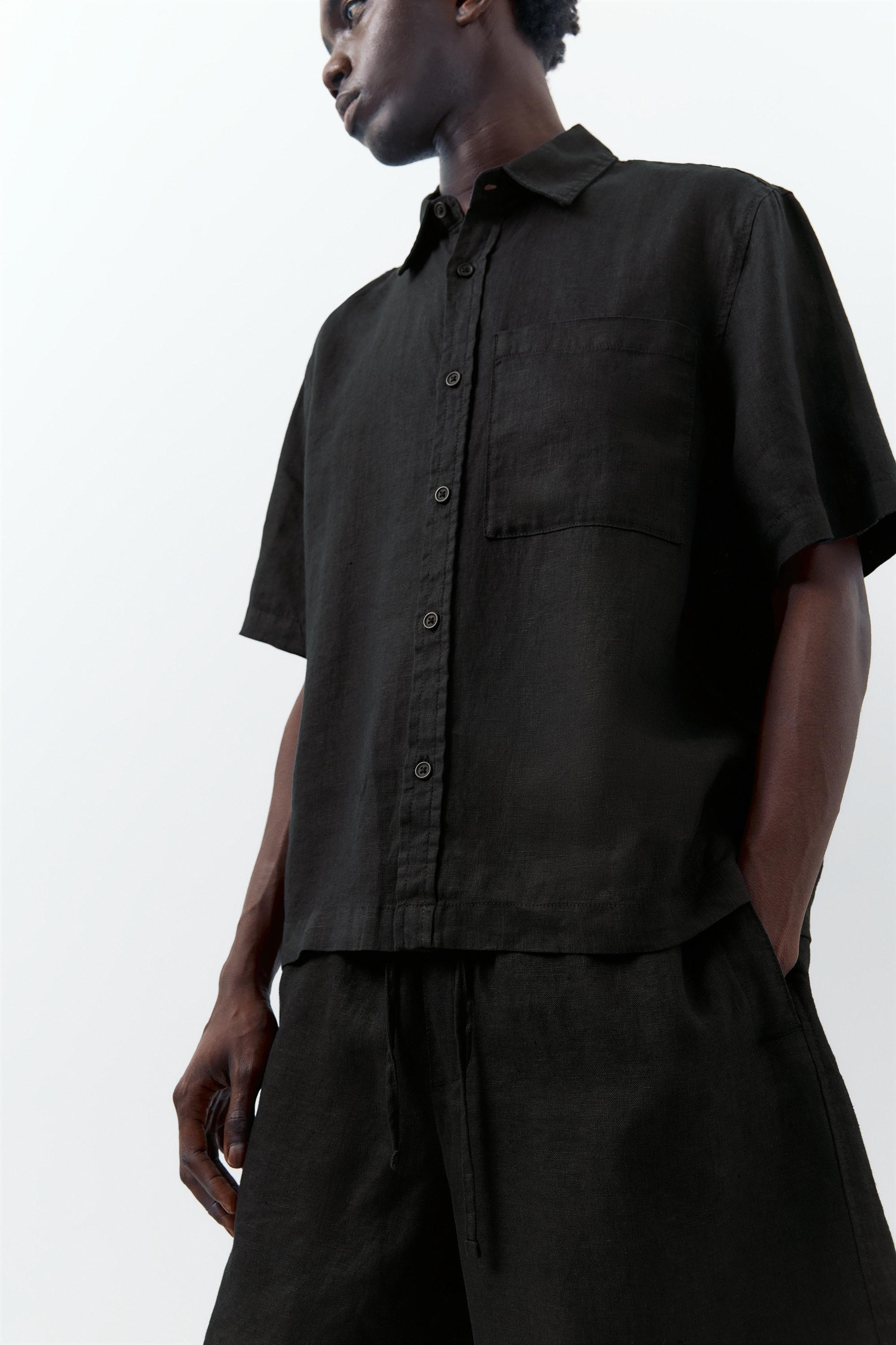 100% linen short sleeve shirt — Black