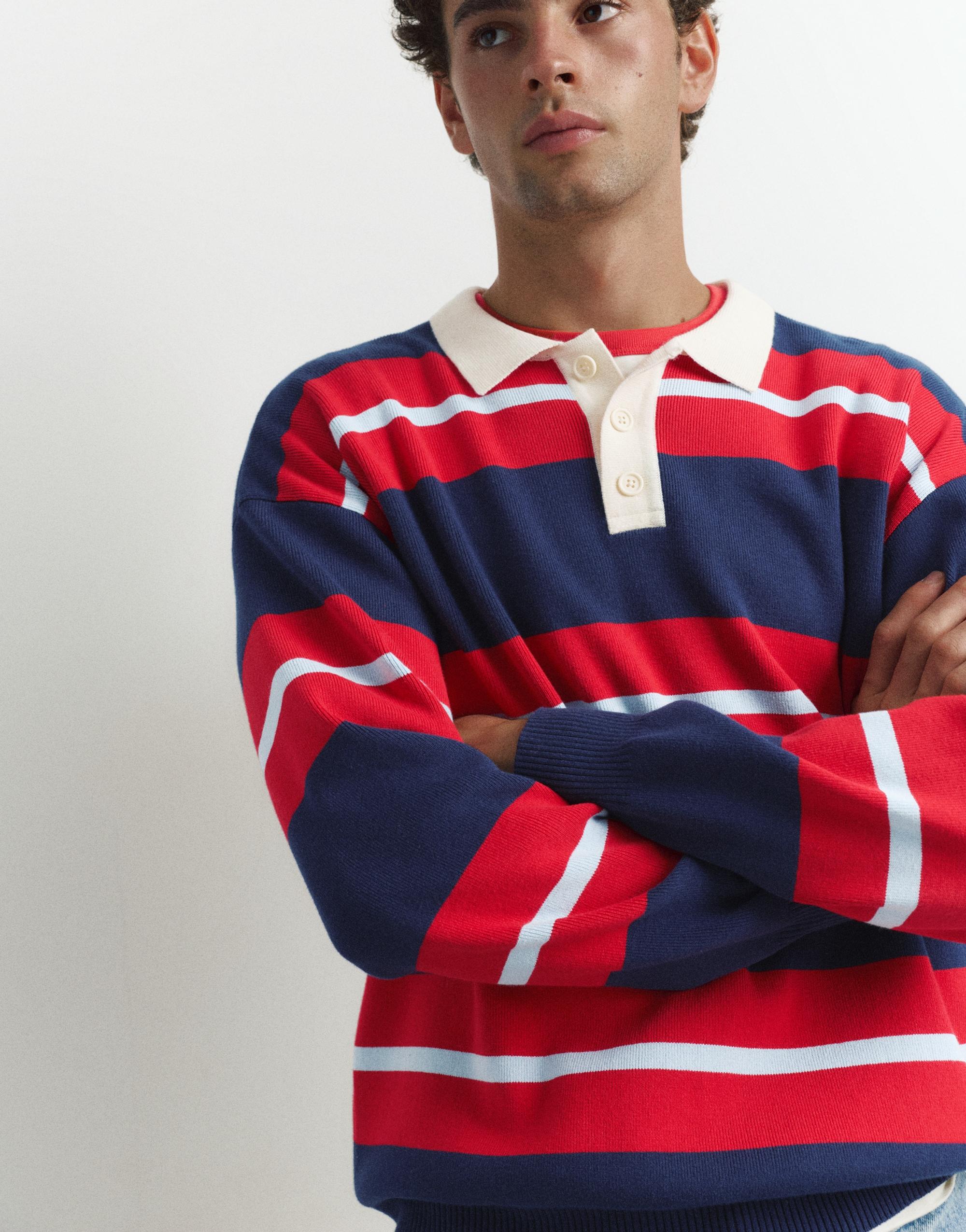 Striped knit polo shirt — Navy