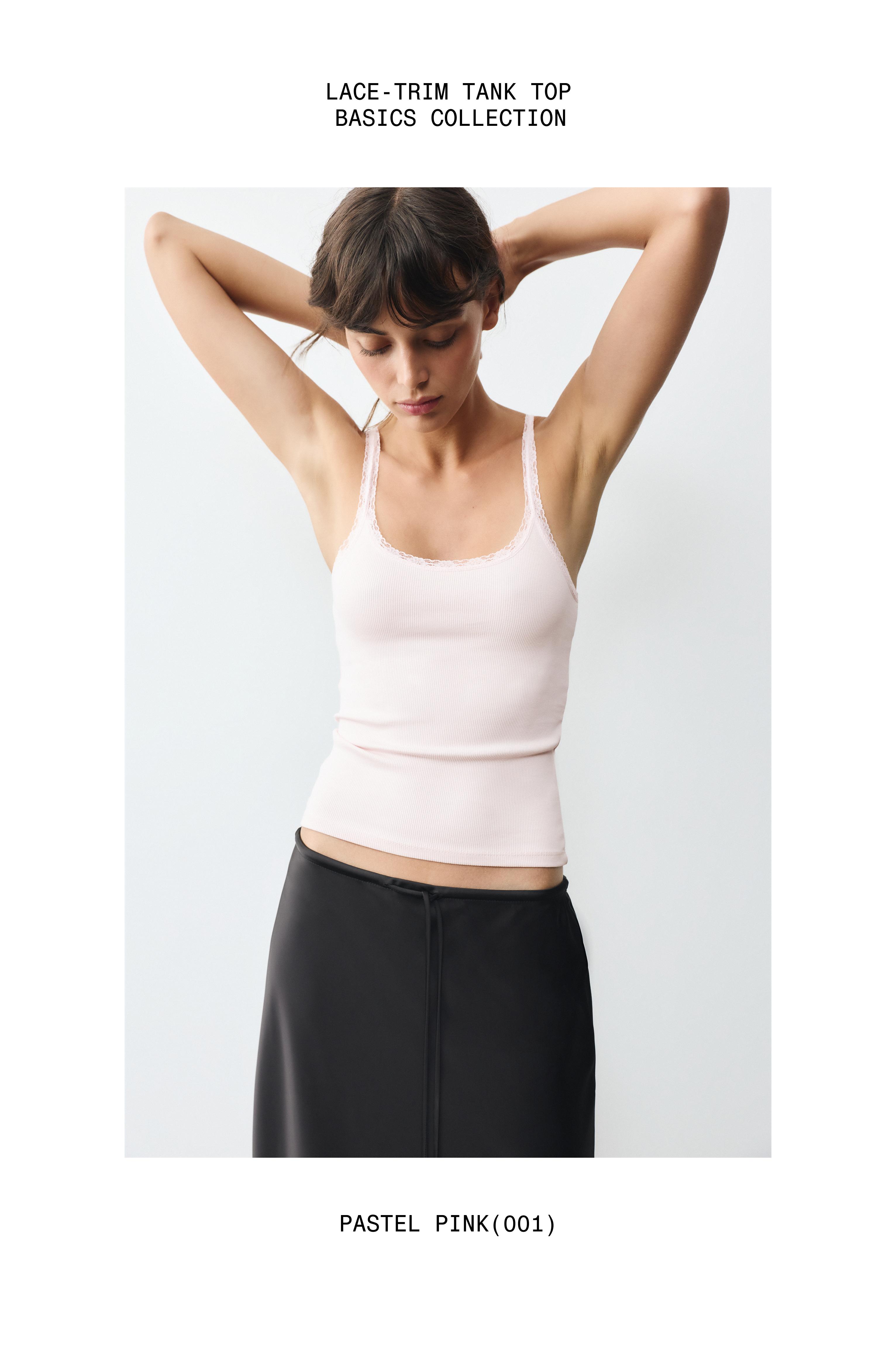 Lace-trim tank top — Pastel pink