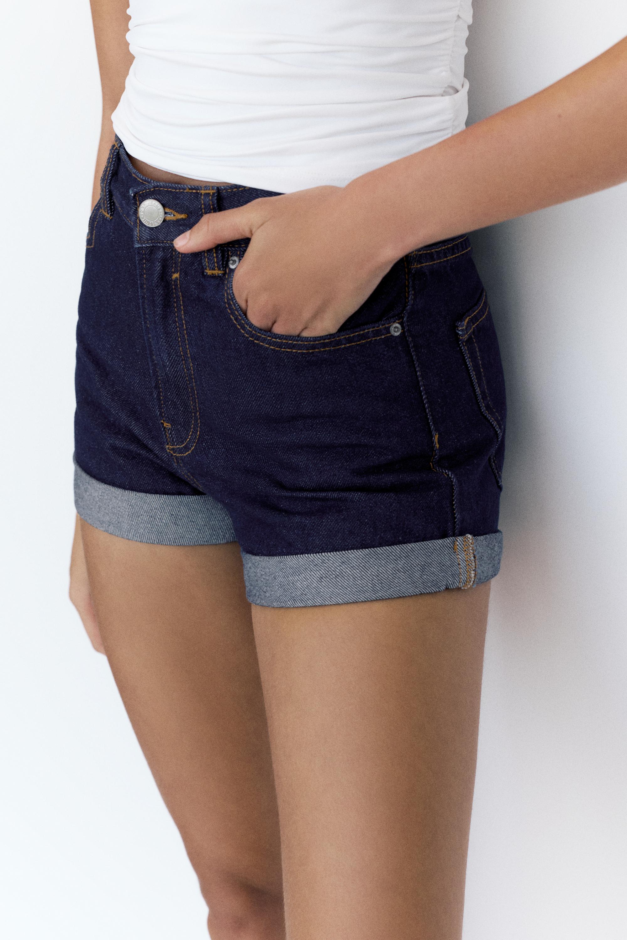 Denim mom fit shorts with turn-up hems — Navy