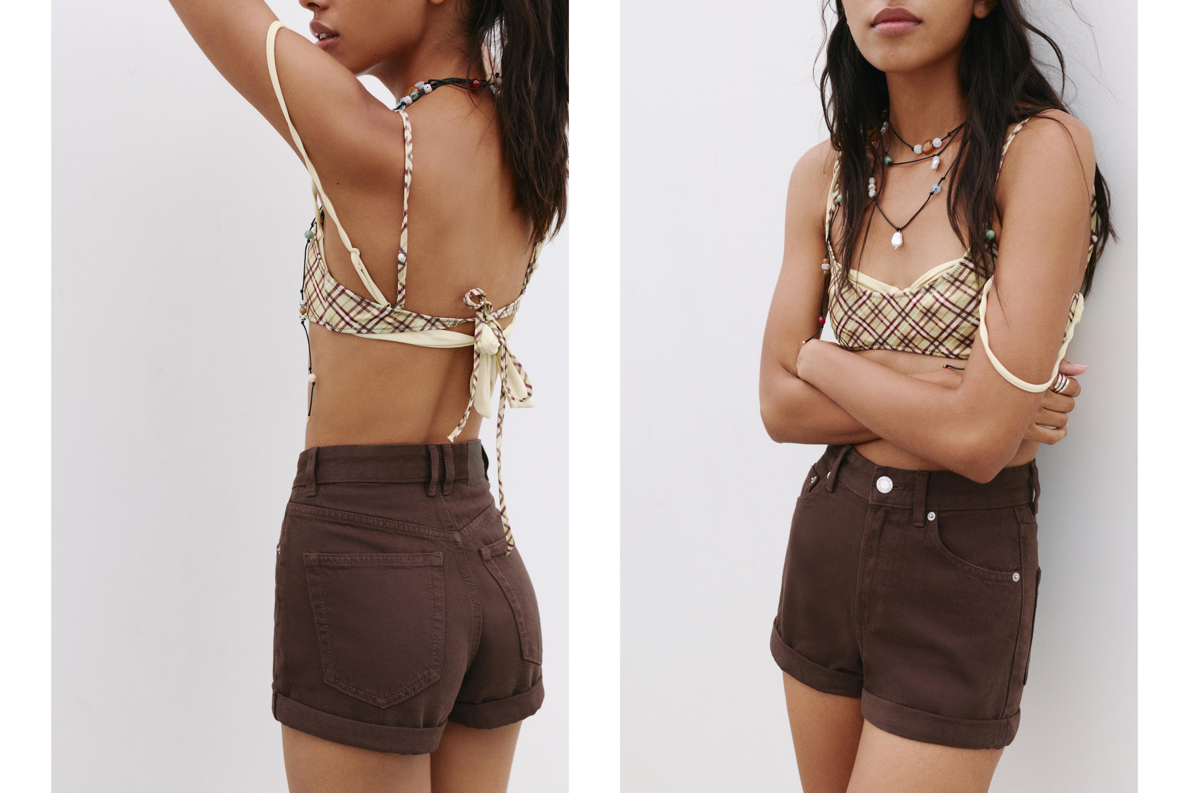 Denim mom fit shorts with turn-up hems — Brown