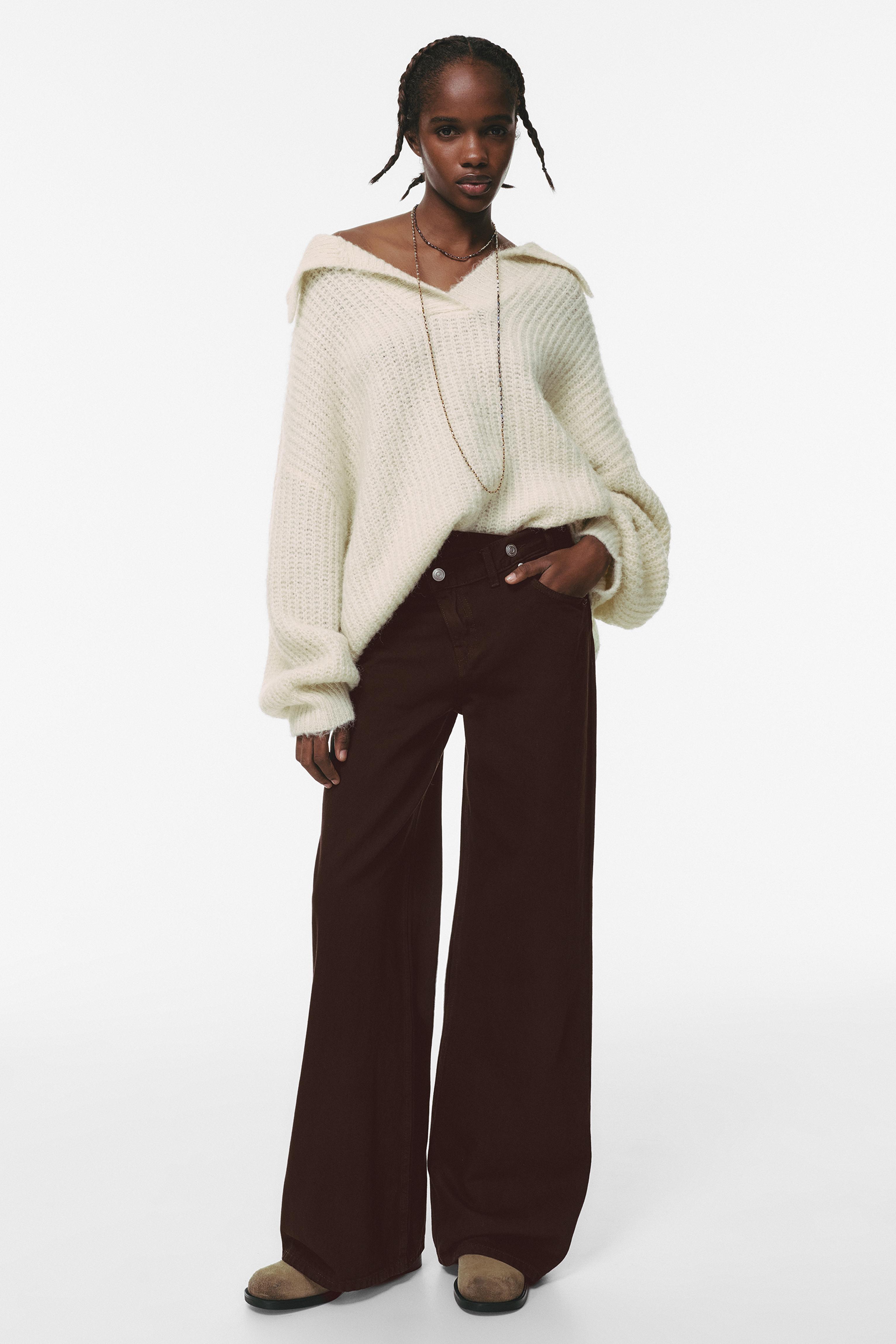 Wide leg jeans with crossover waistband — Brown