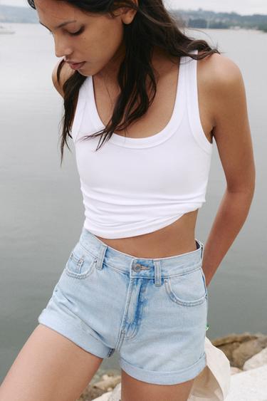 Denim mom fit shorts with turn-up hems — Pale blue 3
