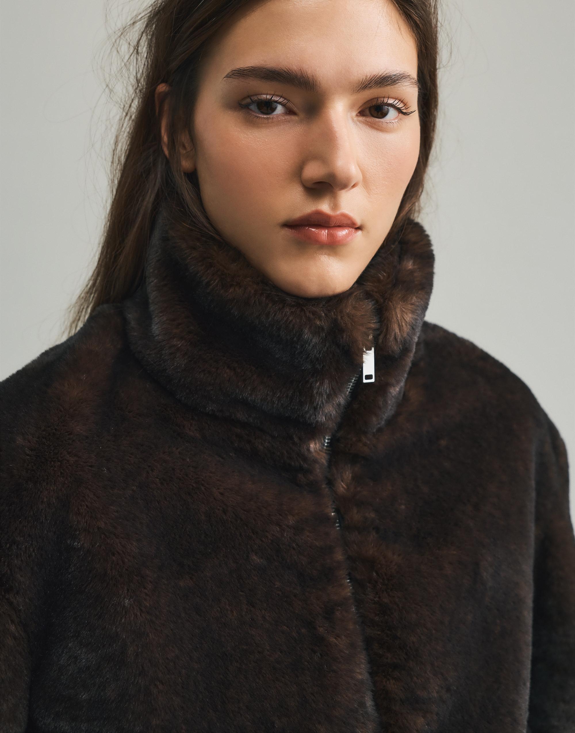 Dik yaka suni kürk ceket - Görsel 9