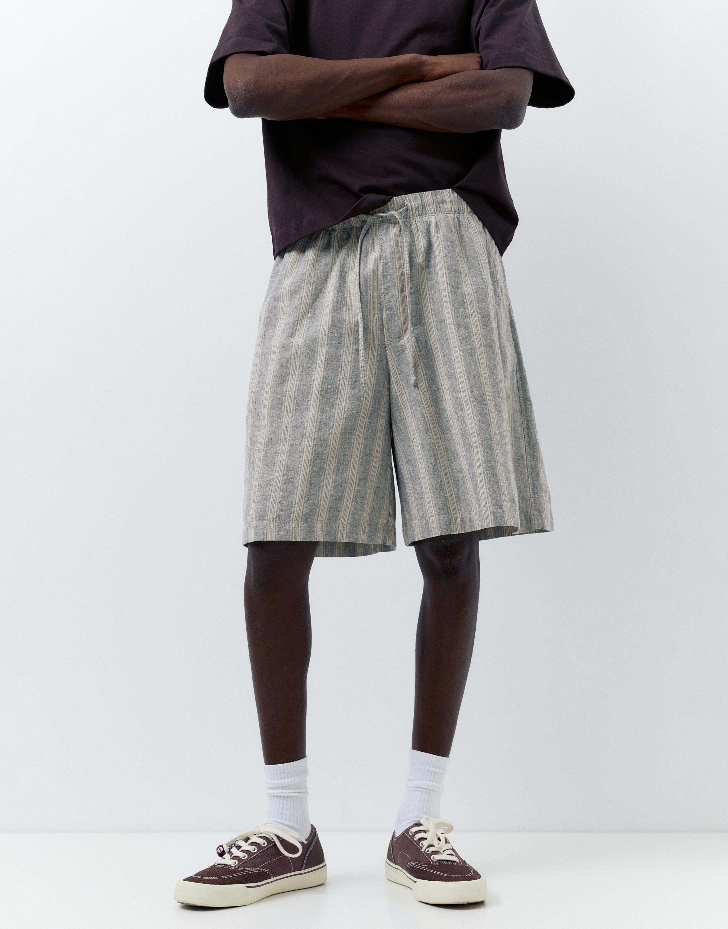Linen blend Bermuda jogger shorts — Striped