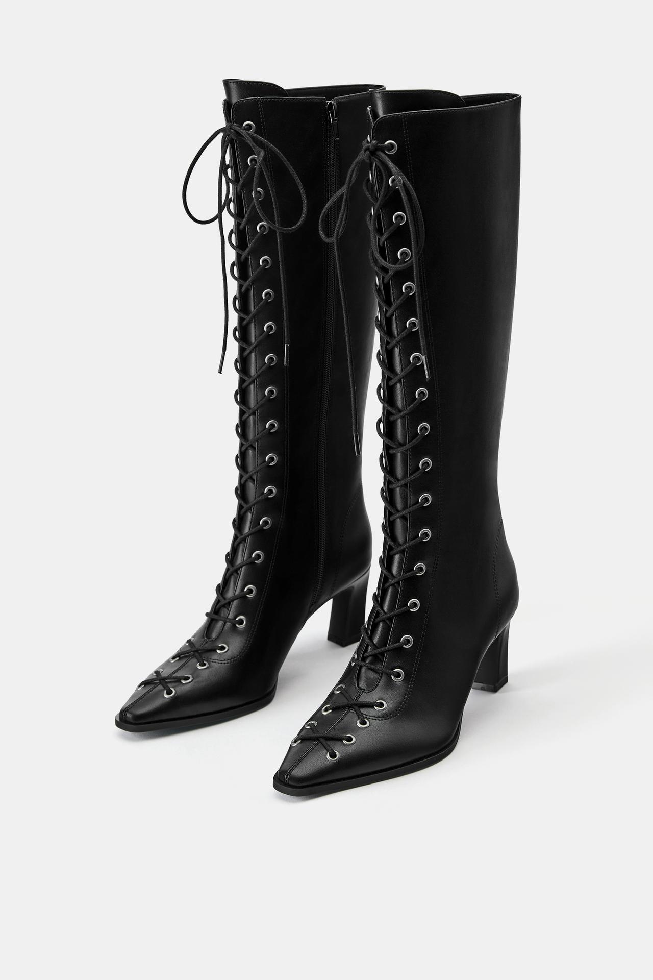 Lace-up knee-high boots — Black