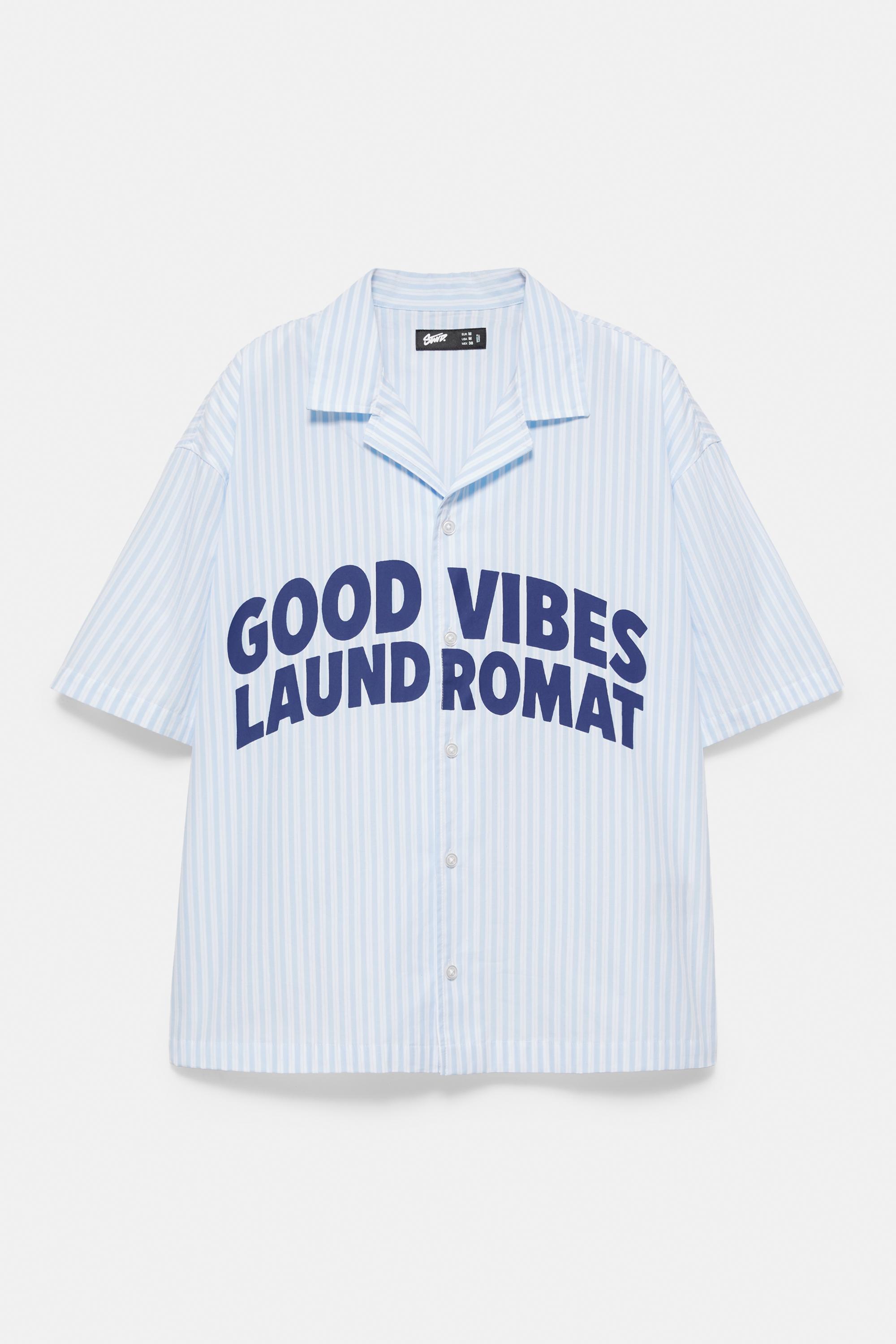 Striped short sleeve shirt with text — Grey/Blue