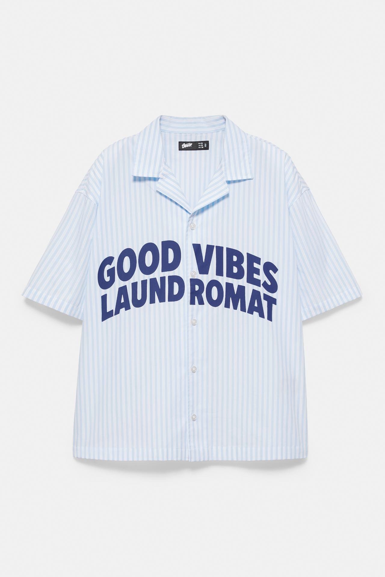 Striped short sleeve shirt with text — Grey/Blue