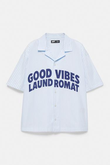 Striped short sleeve shirt with text — Grey/Blue 5
