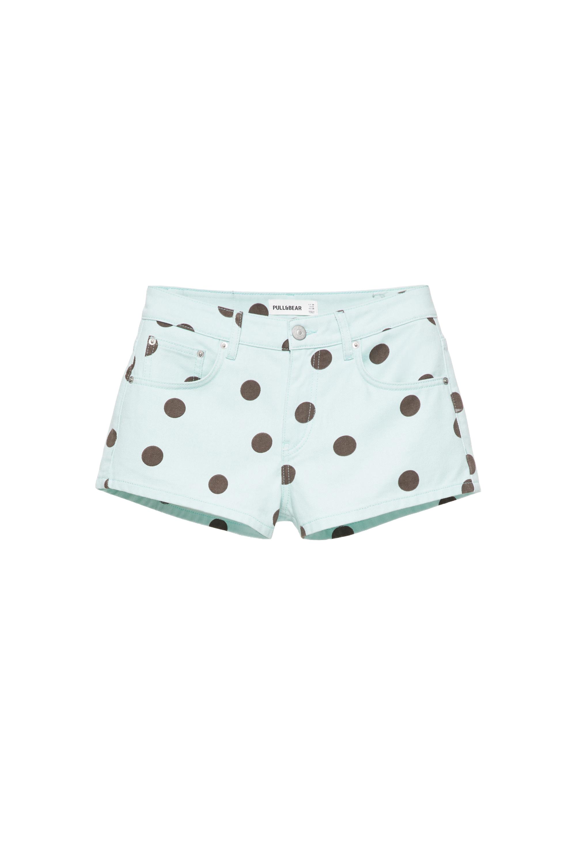Polka dot denim mini shorts