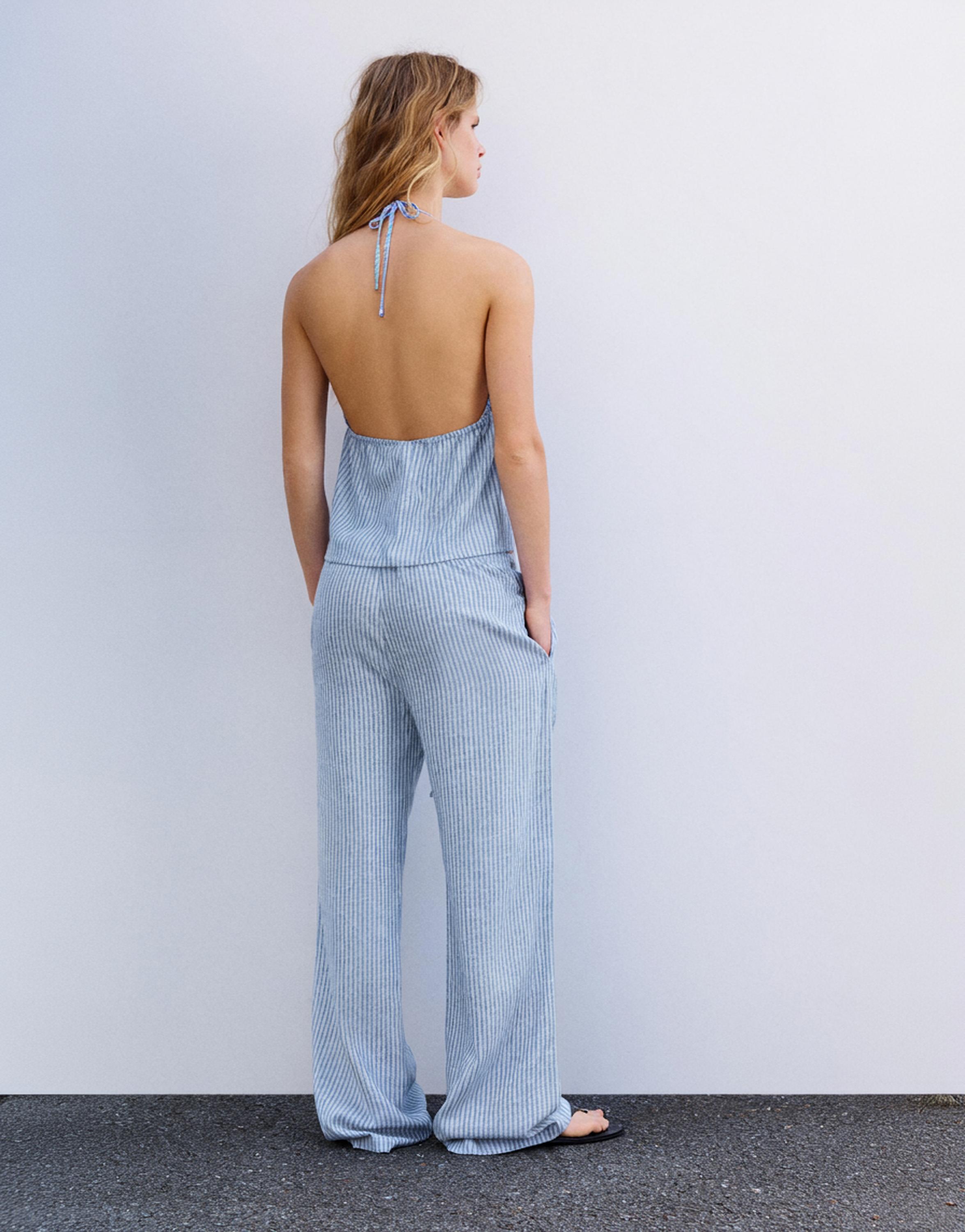 Striped pyjama-style trousers with linen — Blue