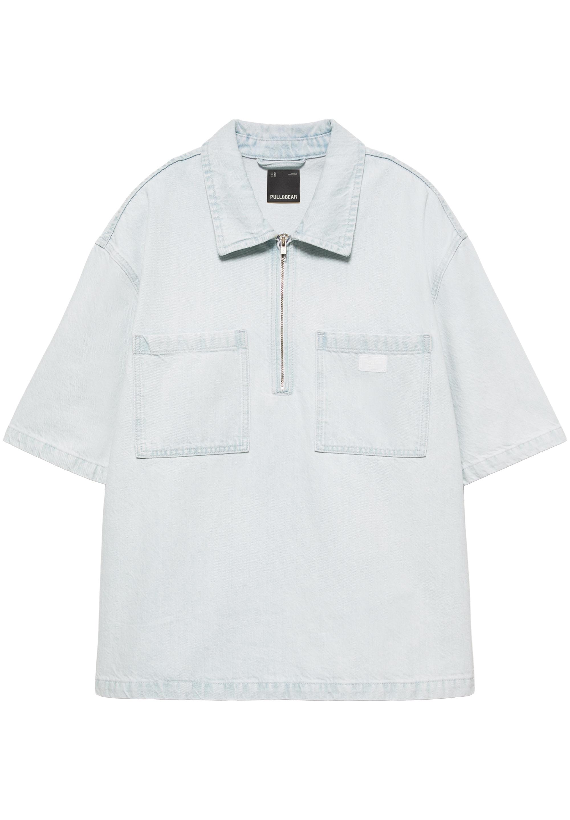 Denim zip-up polo shirt — Sky blue