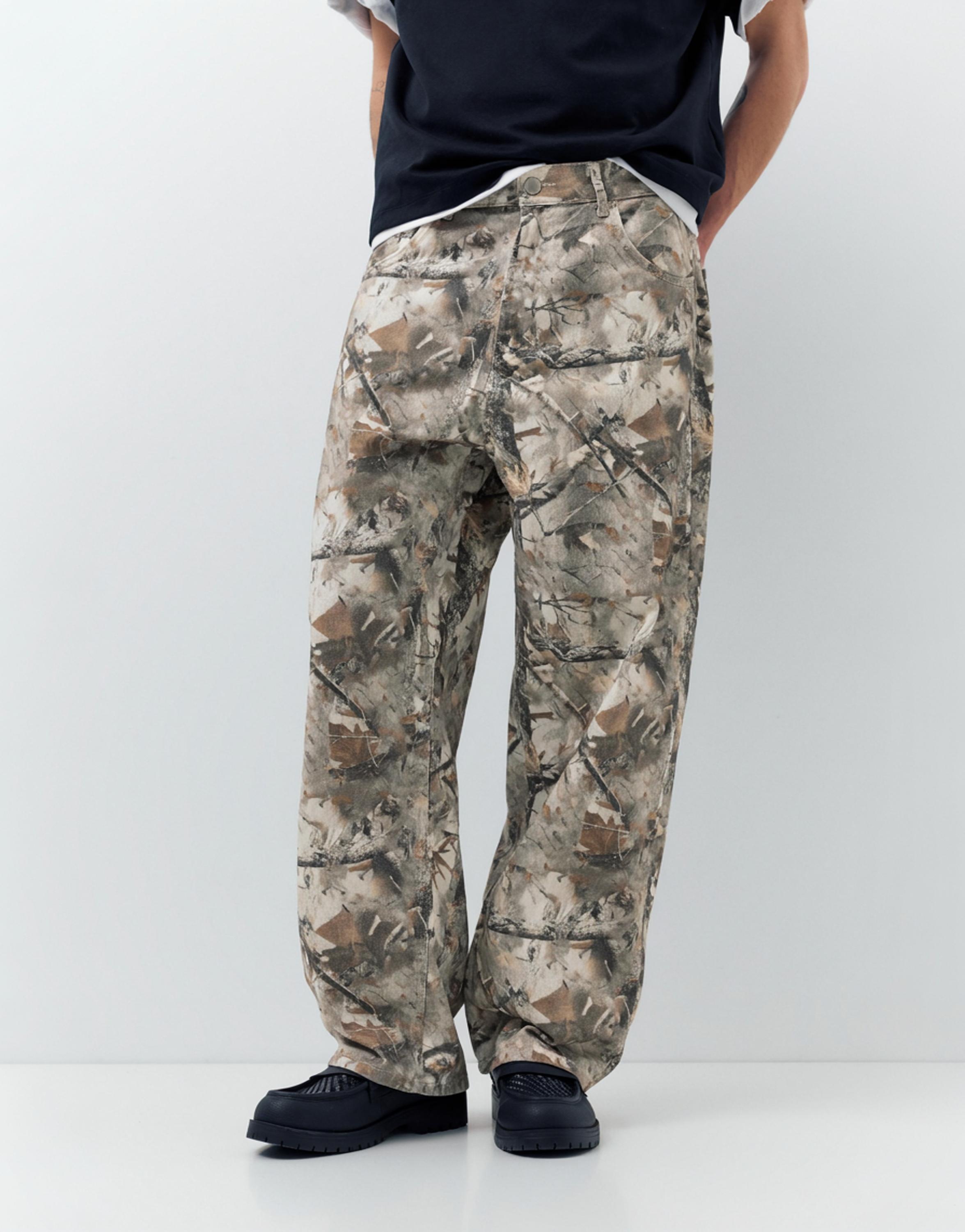 Printed trousers with pockets — Beige/Green