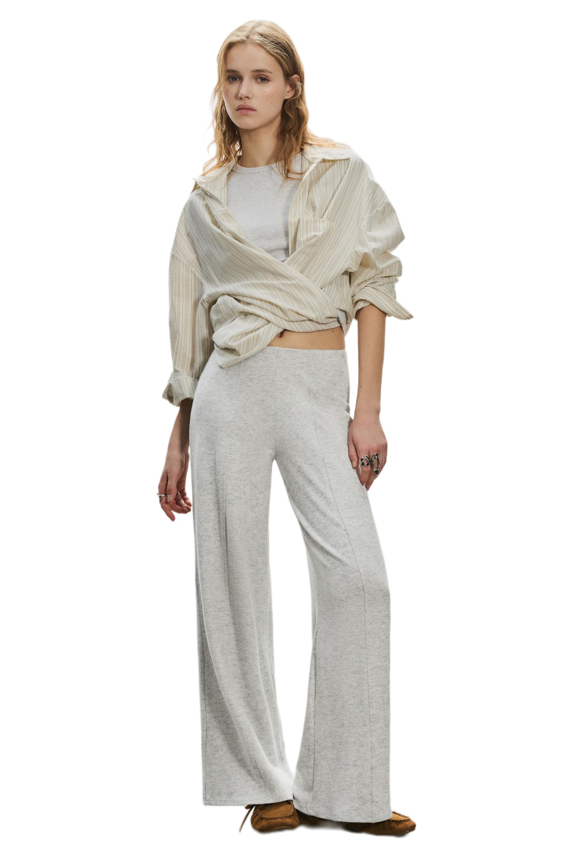 Wide-leg soft touch trousers — Pale marl