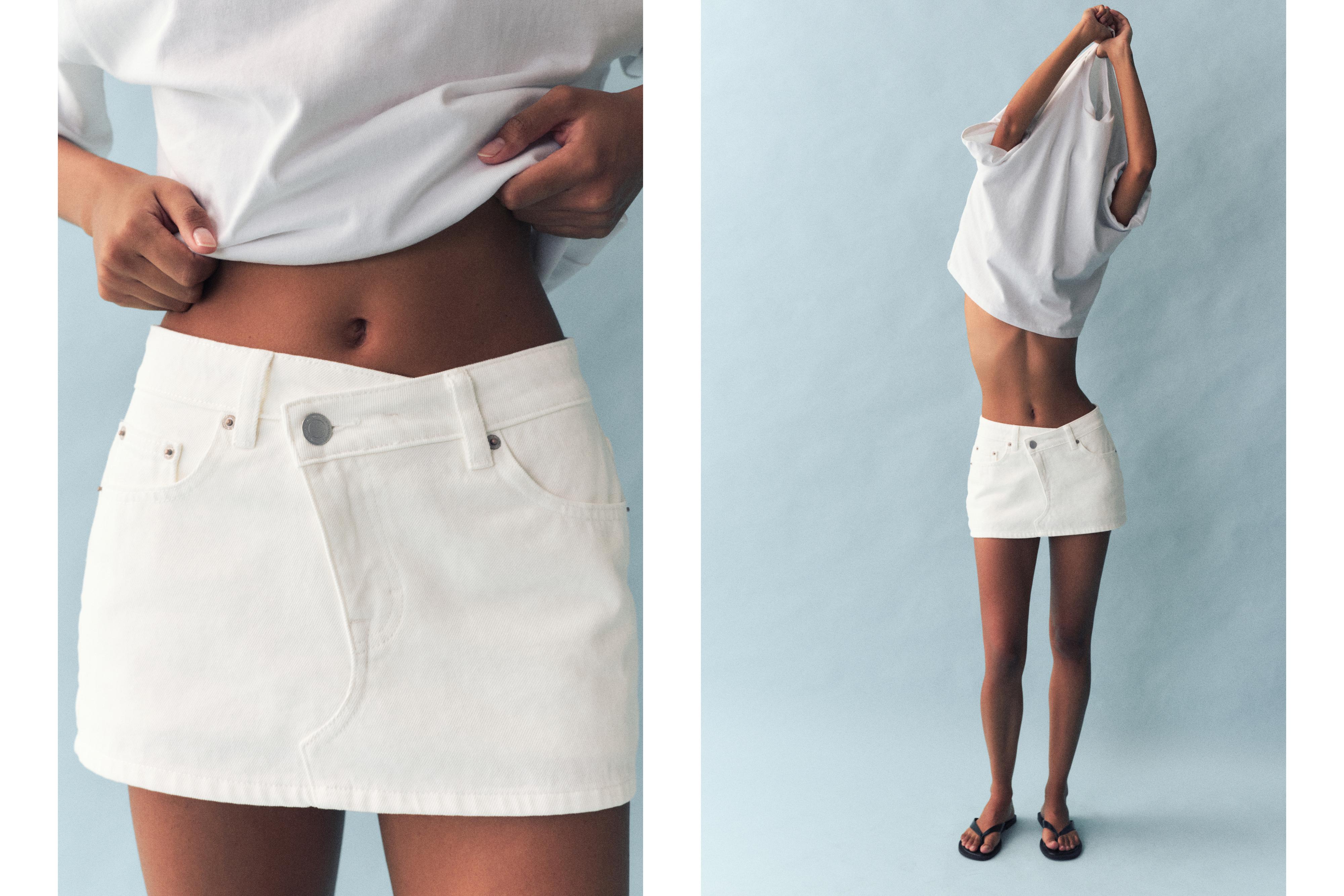 Cross-waist denim skort — White