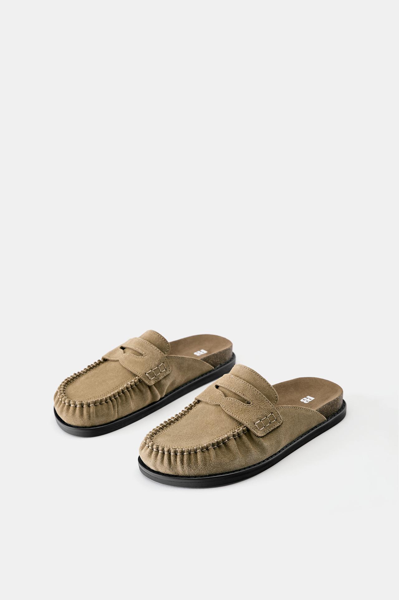 Gathered loafer leather clogs — Taupe