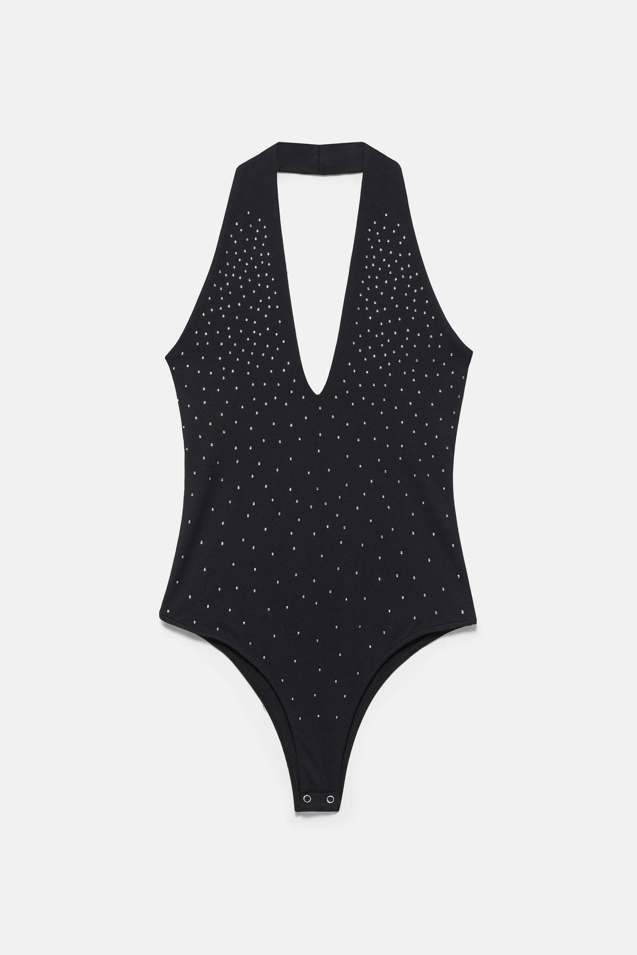 Rhinestone halter bodysuit — Black