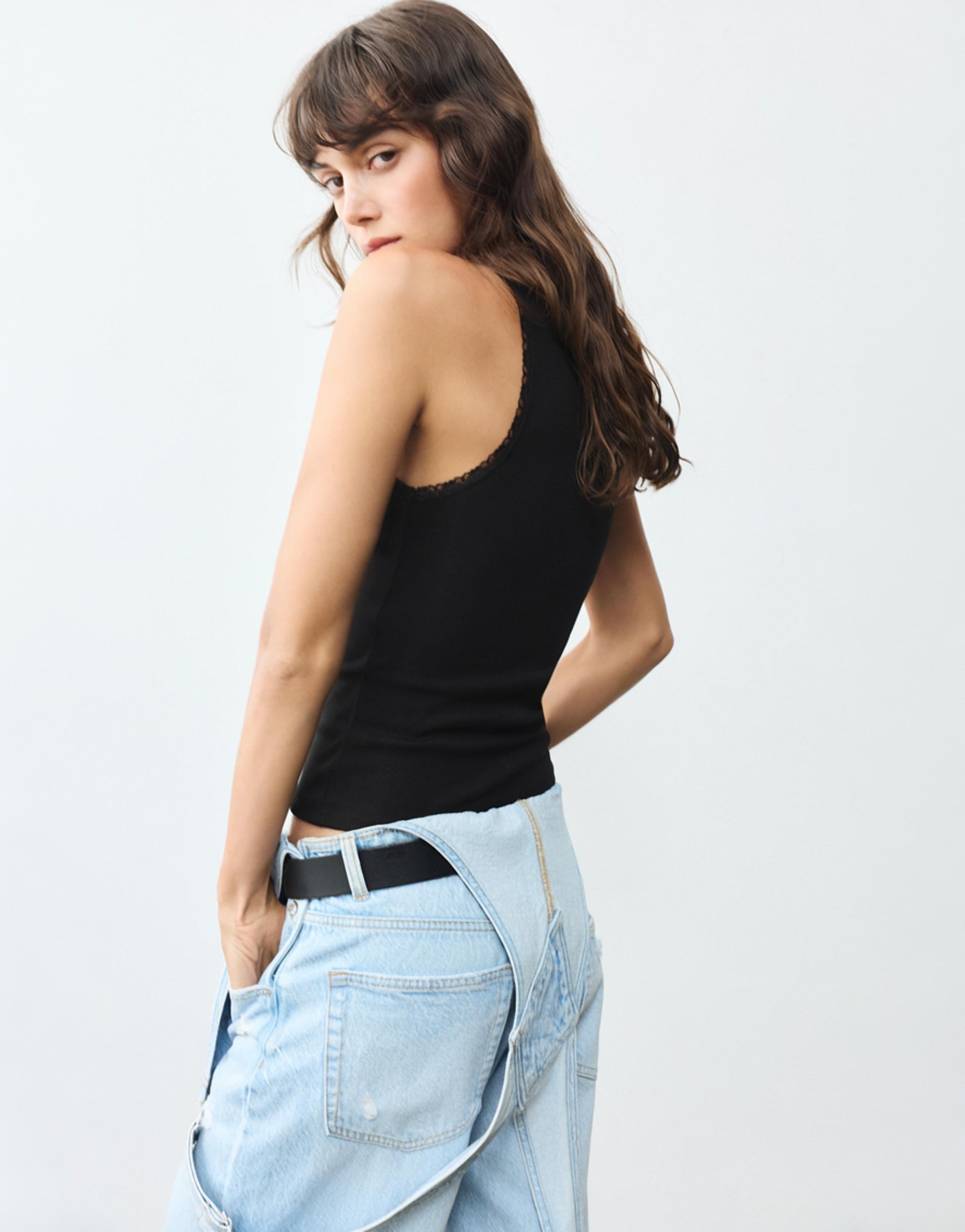 Lace-trim tank top — Black