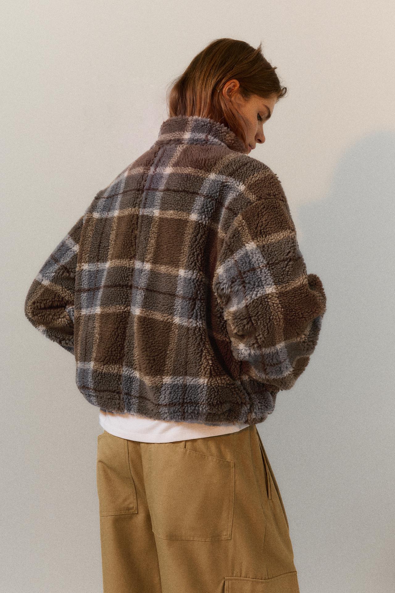 Check faux shearling jacket — Dark khaki