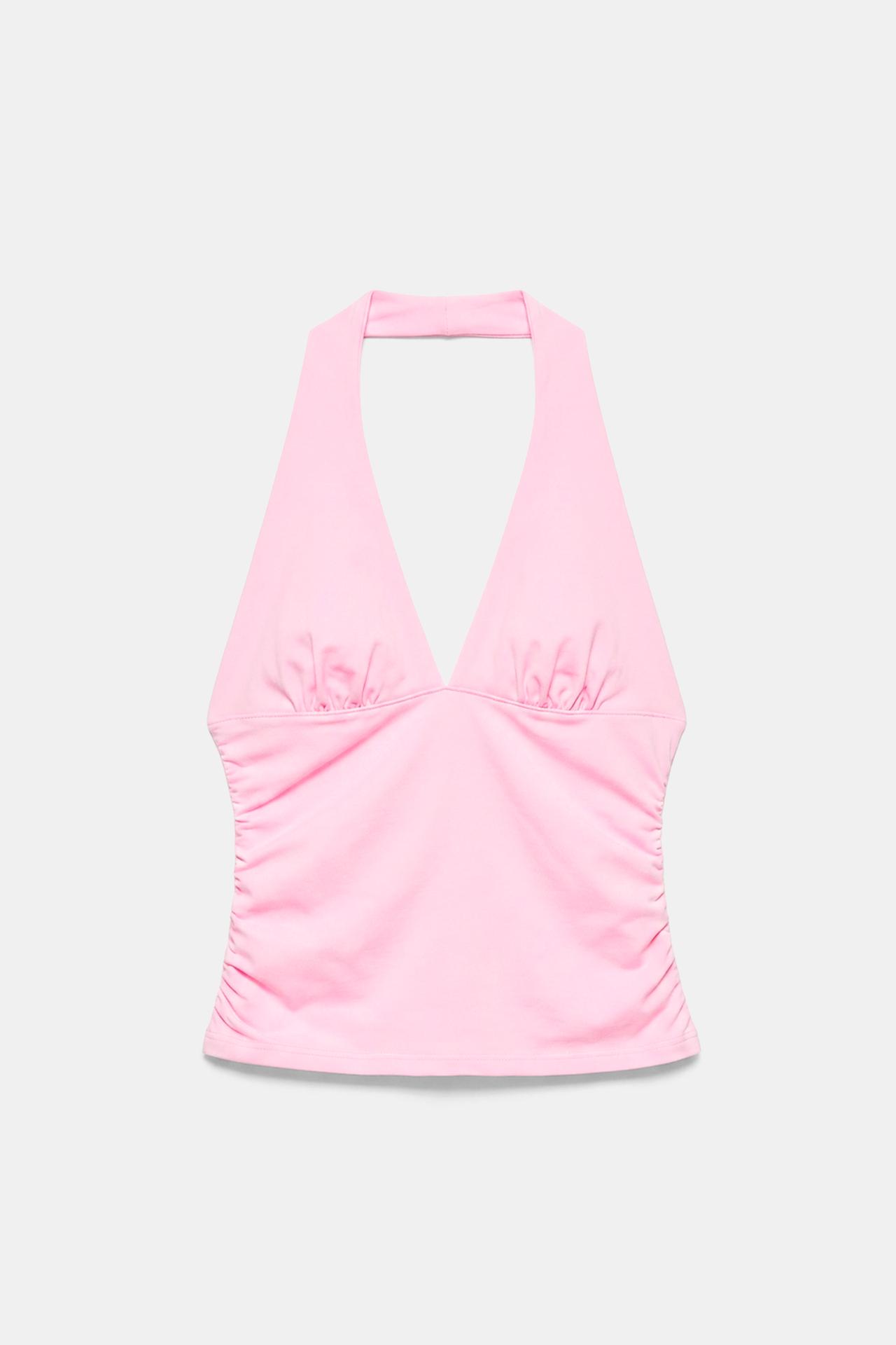 Halter neck top with gathering — Pink
