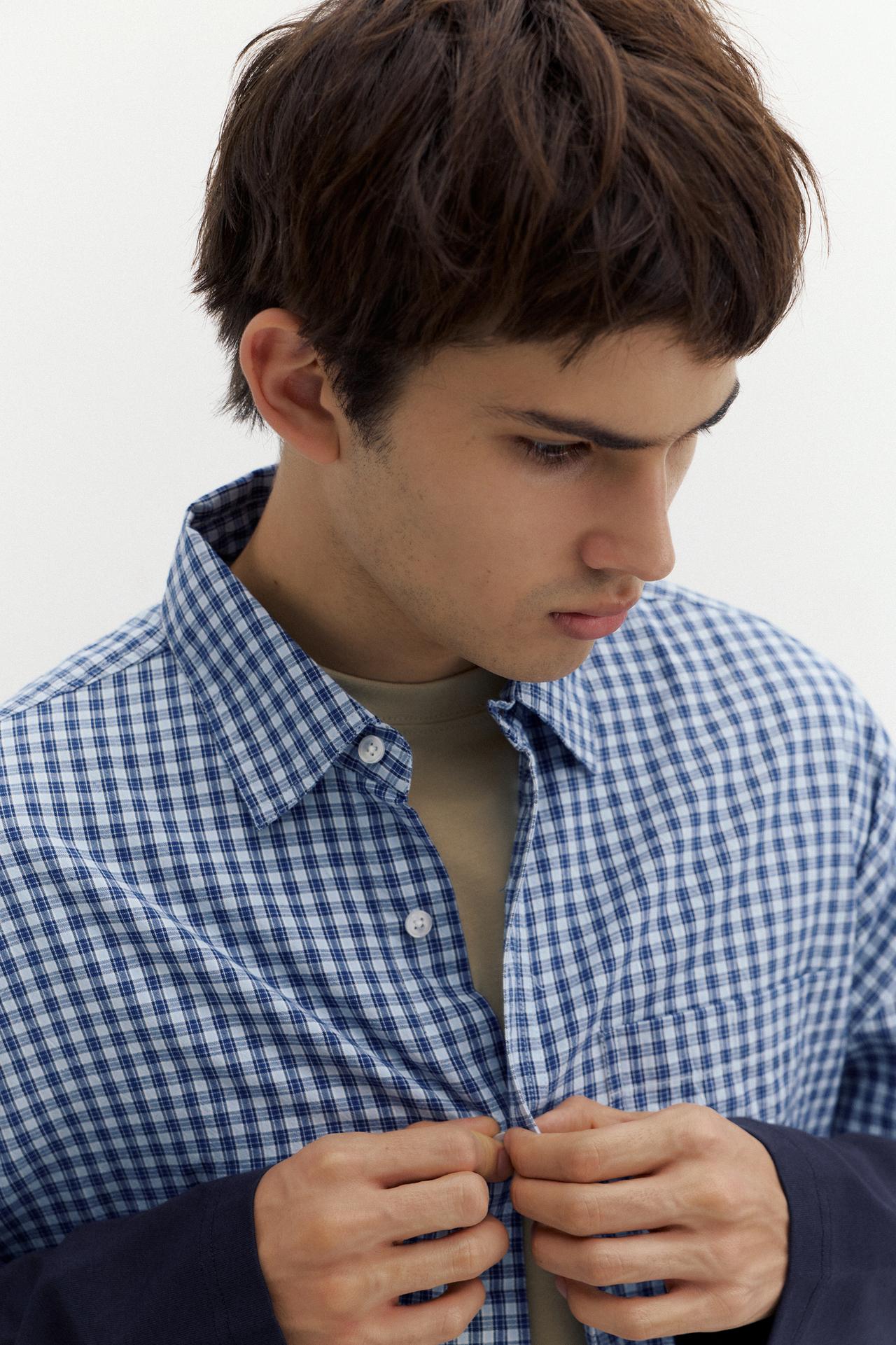 Check double sleeve shirt — Blue
