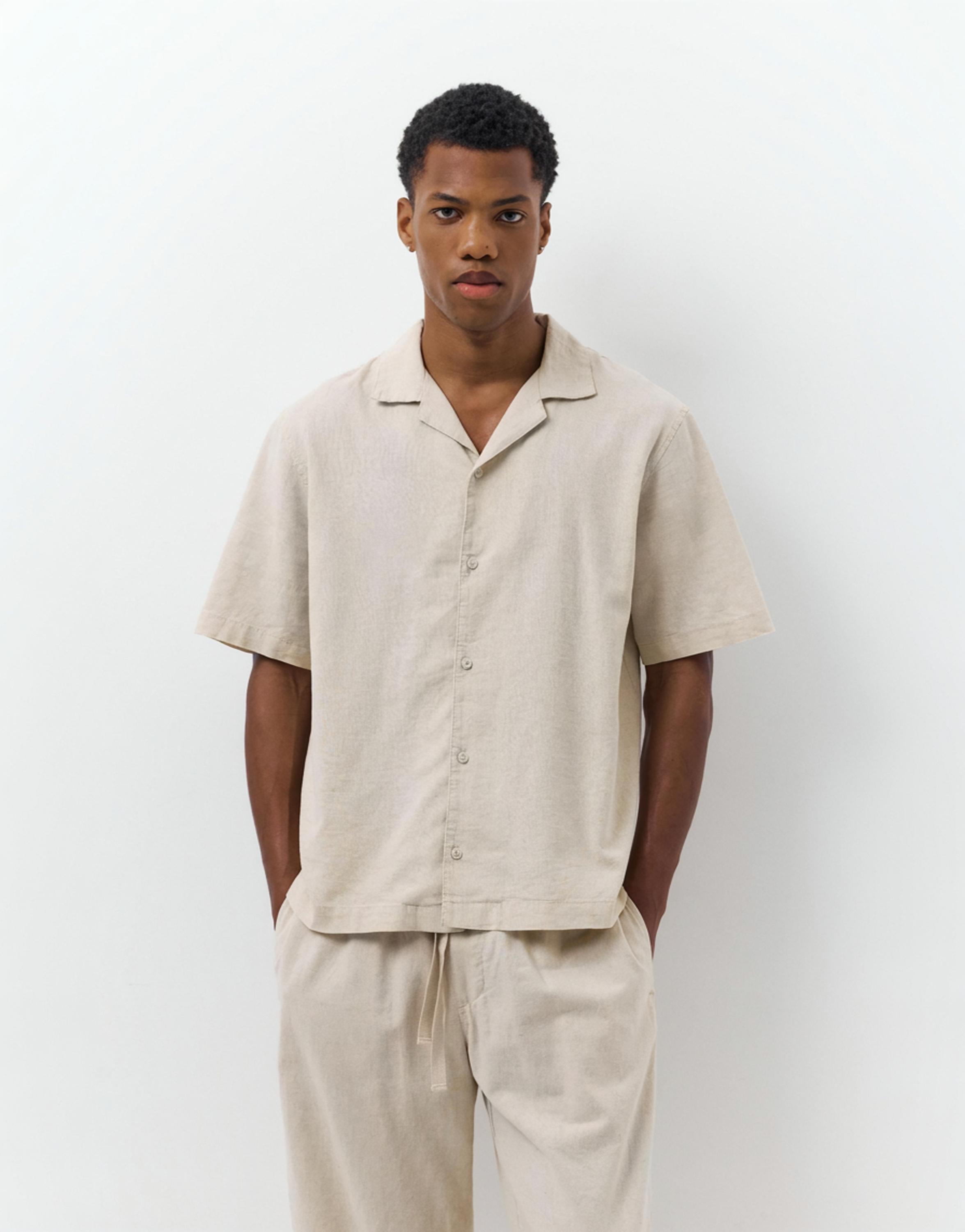 Short sleeve linen blend shirt — Beige