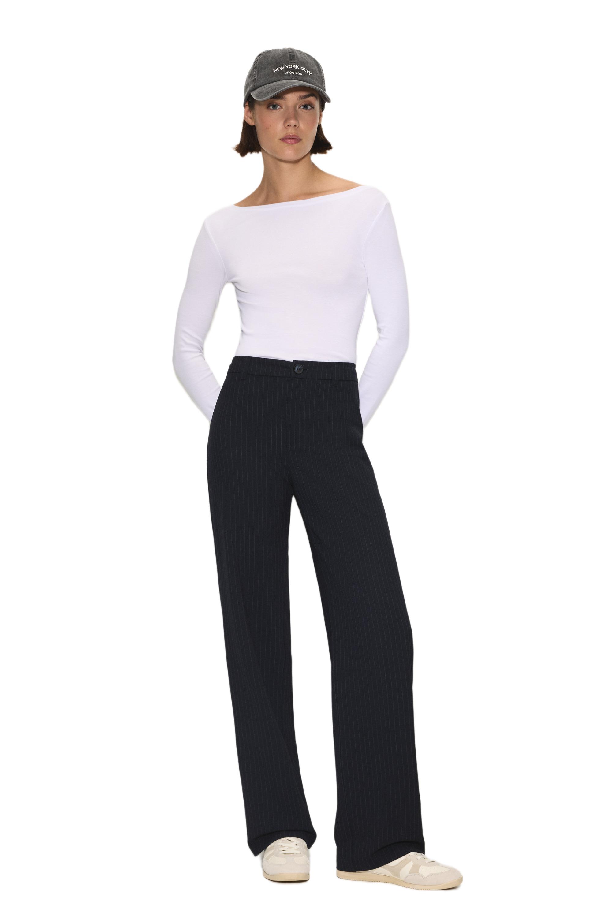 Smart high-waist straight-leg trousers — Striped