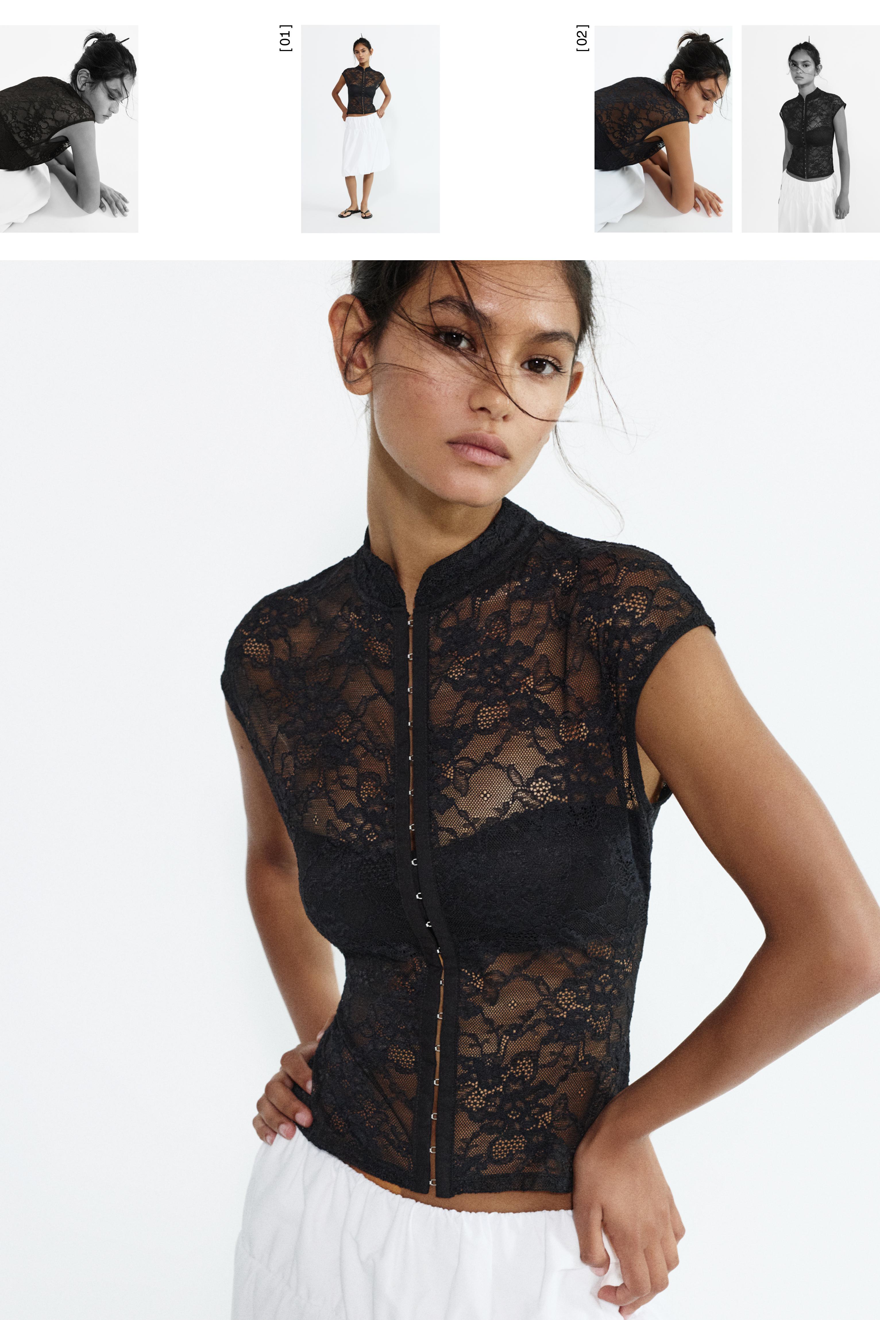 Lace stand collar top — Black